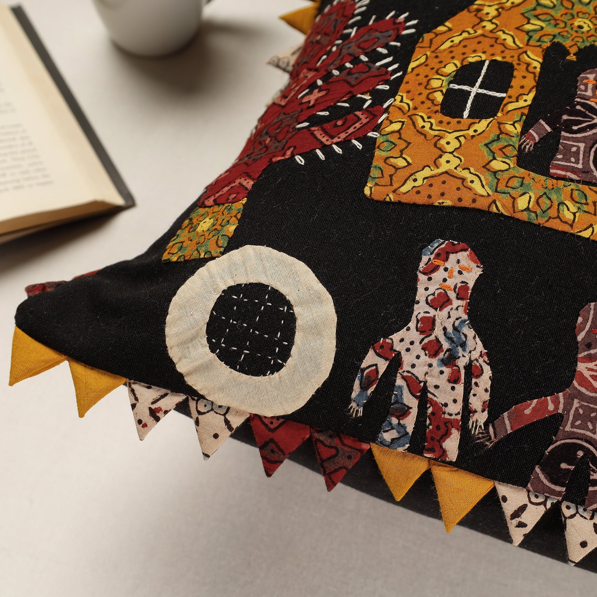 Black - Kala Raksha Applique Cutwork Cotton Cushion Cover (16 x 16 in) - view 2