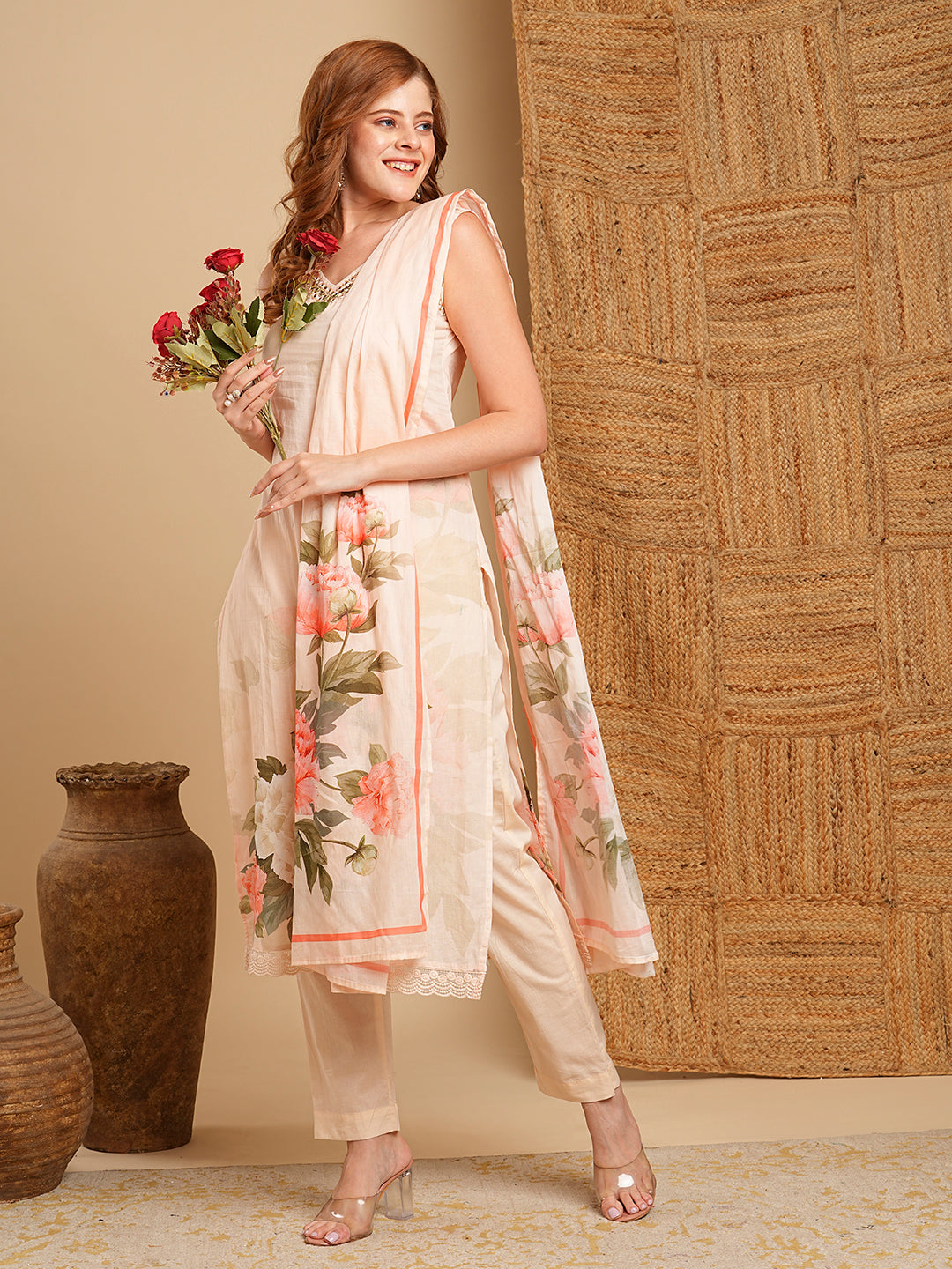 Printed embroidered kurta – Fashor Floral Printed & Embroidered Kurta with Pant & Pure Cotton Dupatta - Cream