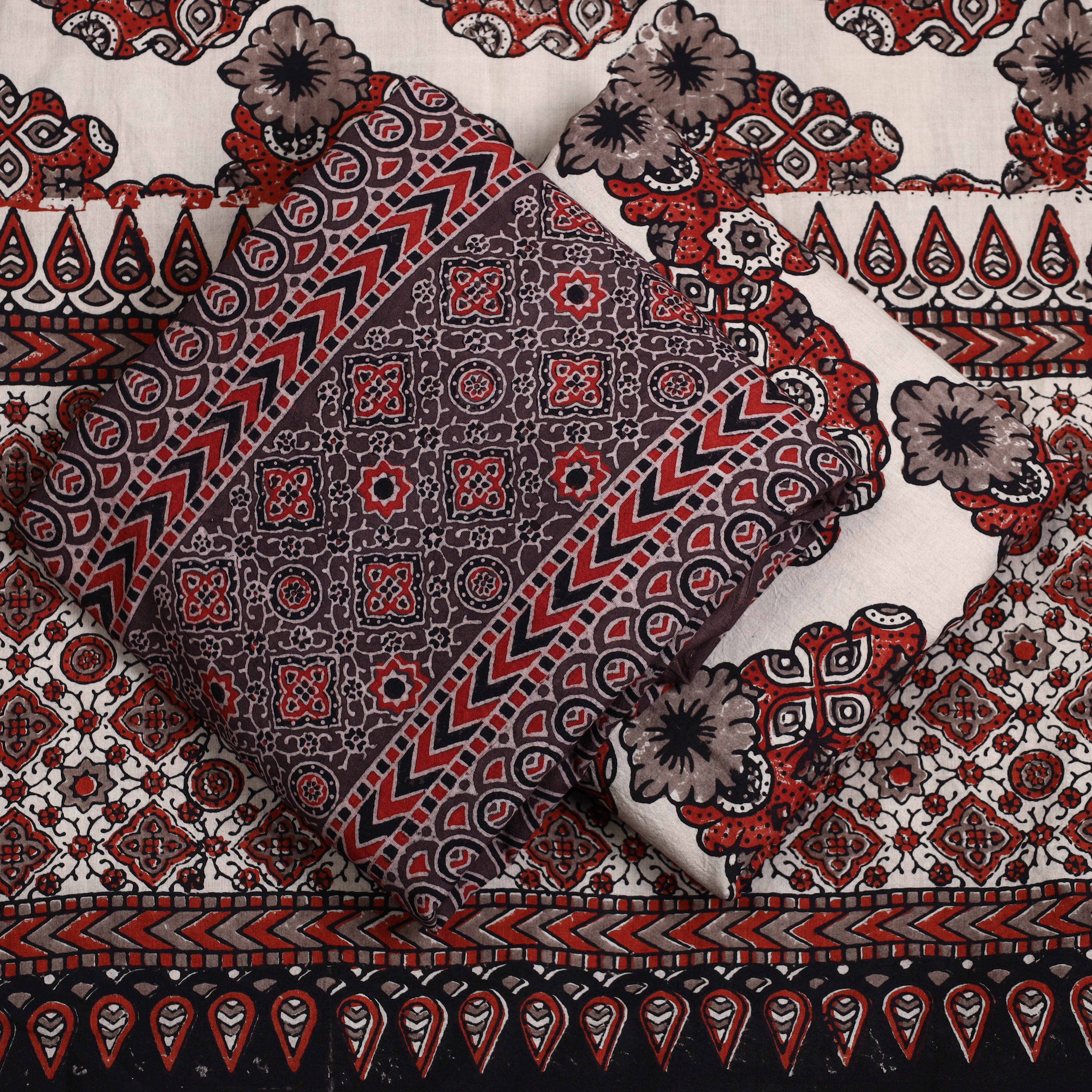 AJRAKH BY JABBAR KHATRI Brown - 3pc Ajrakh Block Printed Natural Dyed Cotton Suit Material Set 05 - view 2