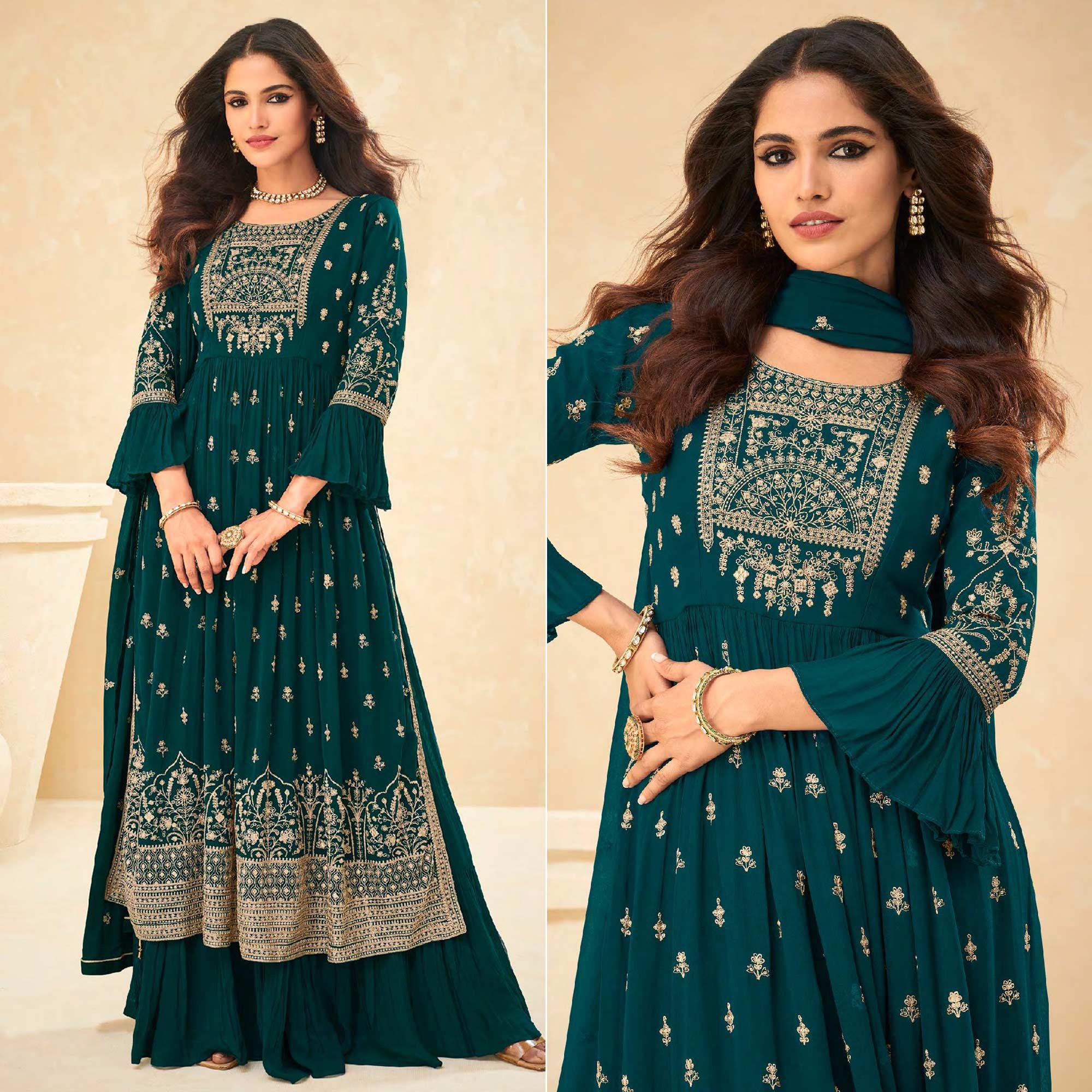 Peachmode Seller Morpich Embellished With Embroidered Georgette Palazzo Suit