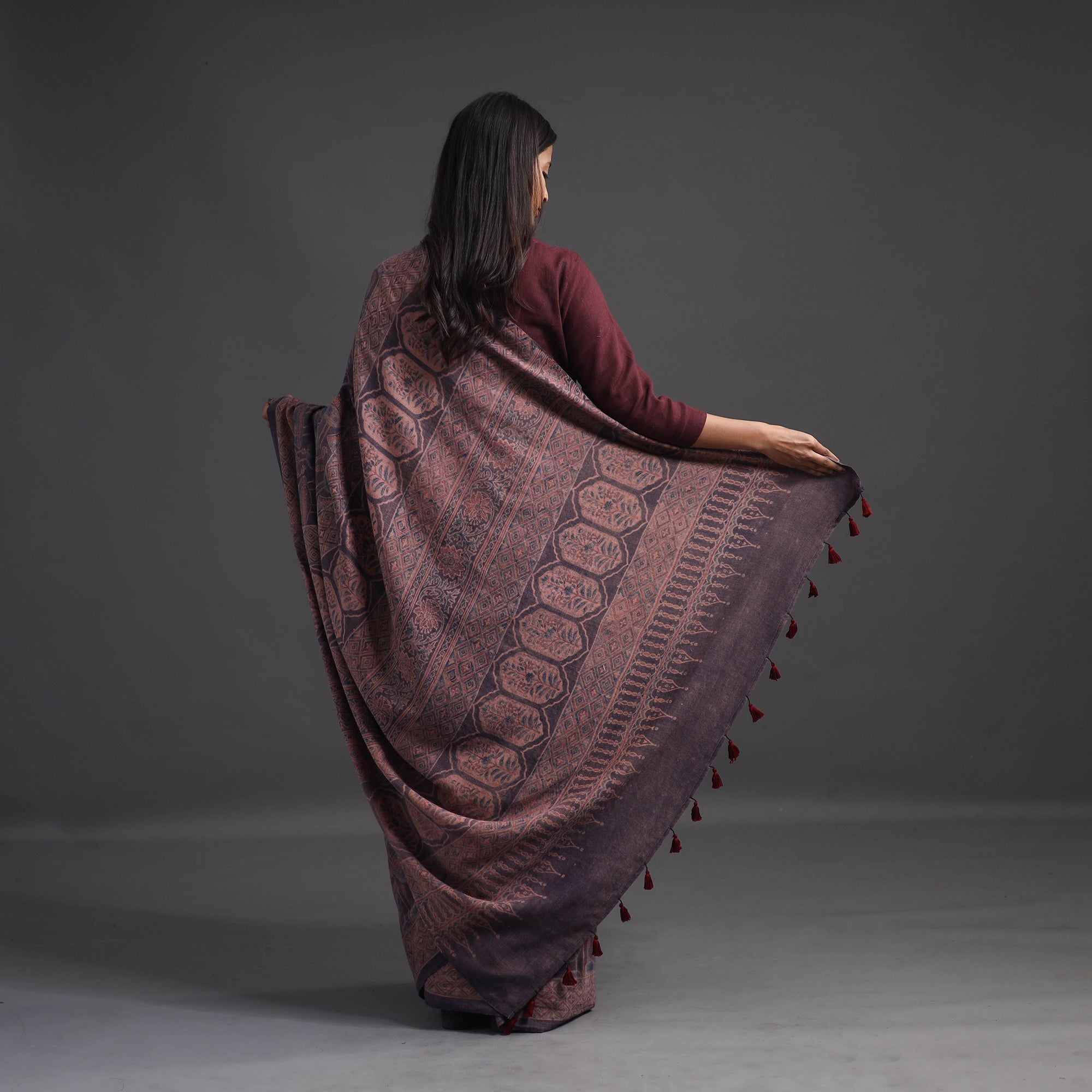 AJRAKH BY JABBAR KHATRI Brown - Merino Wool Block Print Ajrakh Saree with Tassels 06 - view 4