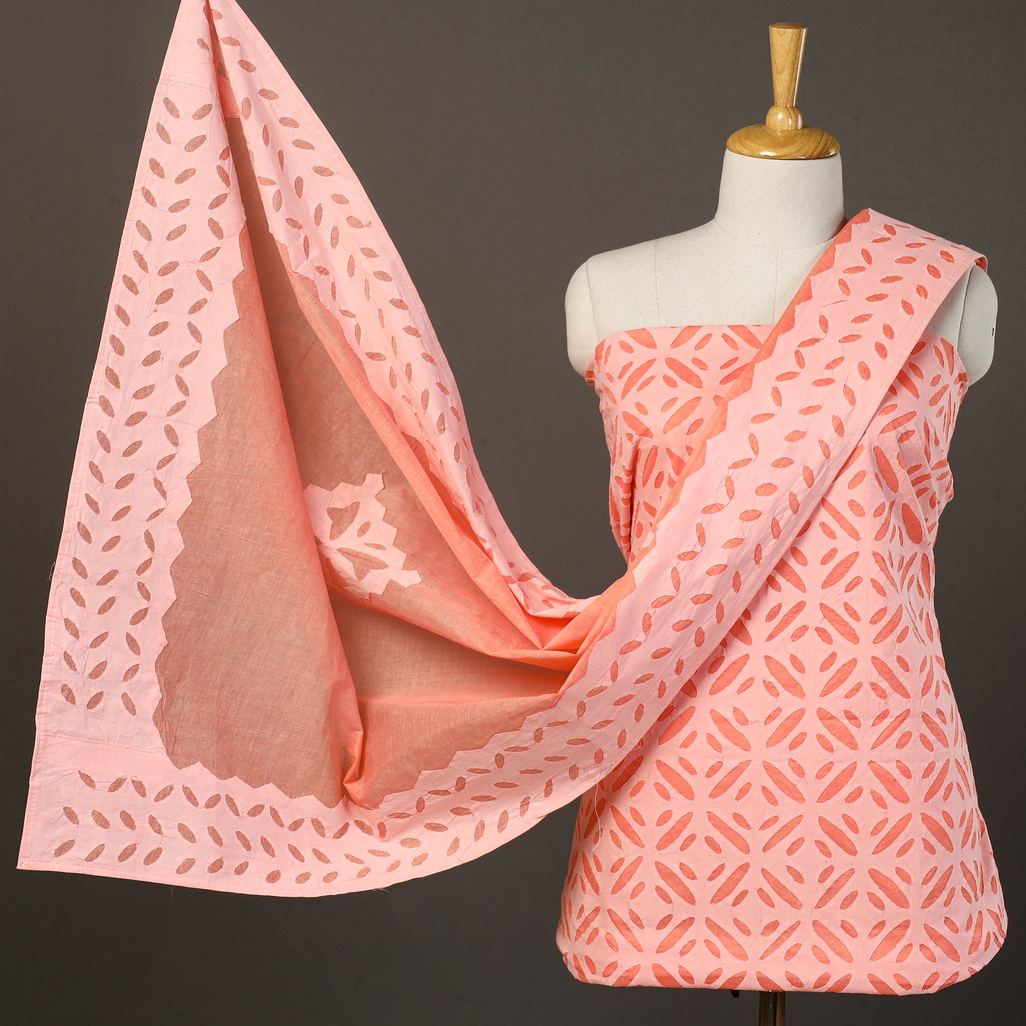 SHADES OF MARUDHARA Peach - 3pc Cut Work Cotton Barmer Applique Dress Material 05