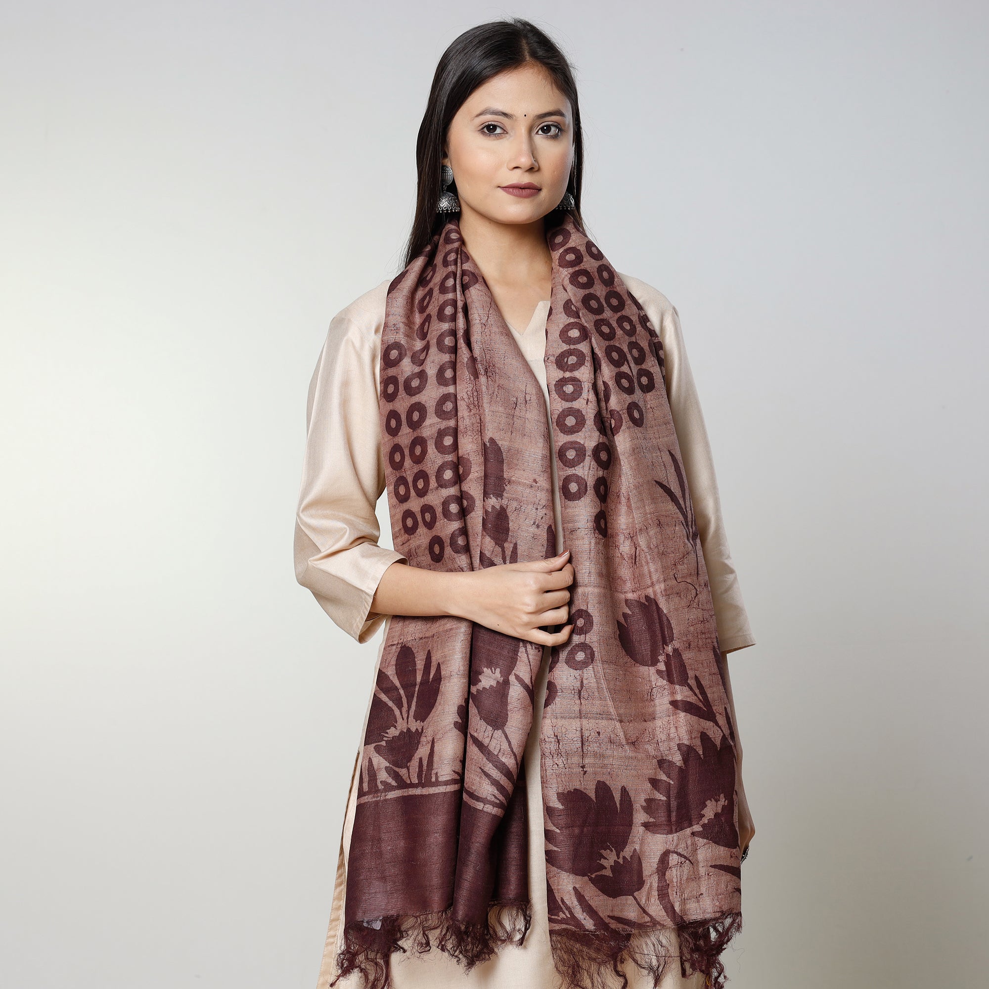 BINDAAS UNLIMITED Brown - Handloom Block Art Print Tussar Silk Bindaas Stole
