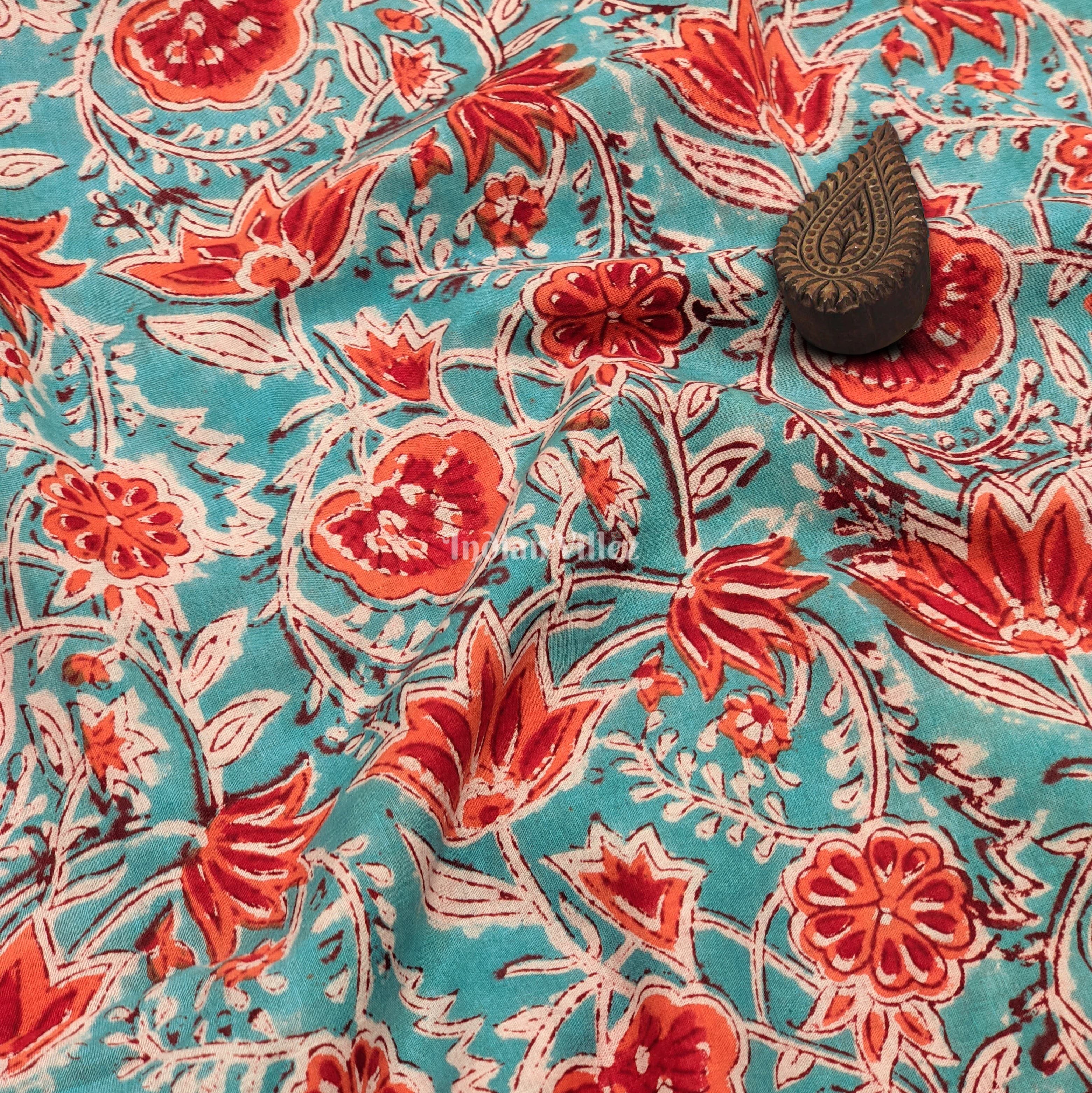 IndianVillèz Blue Multicolored Floral Hand Block Printed Cotton Fabric