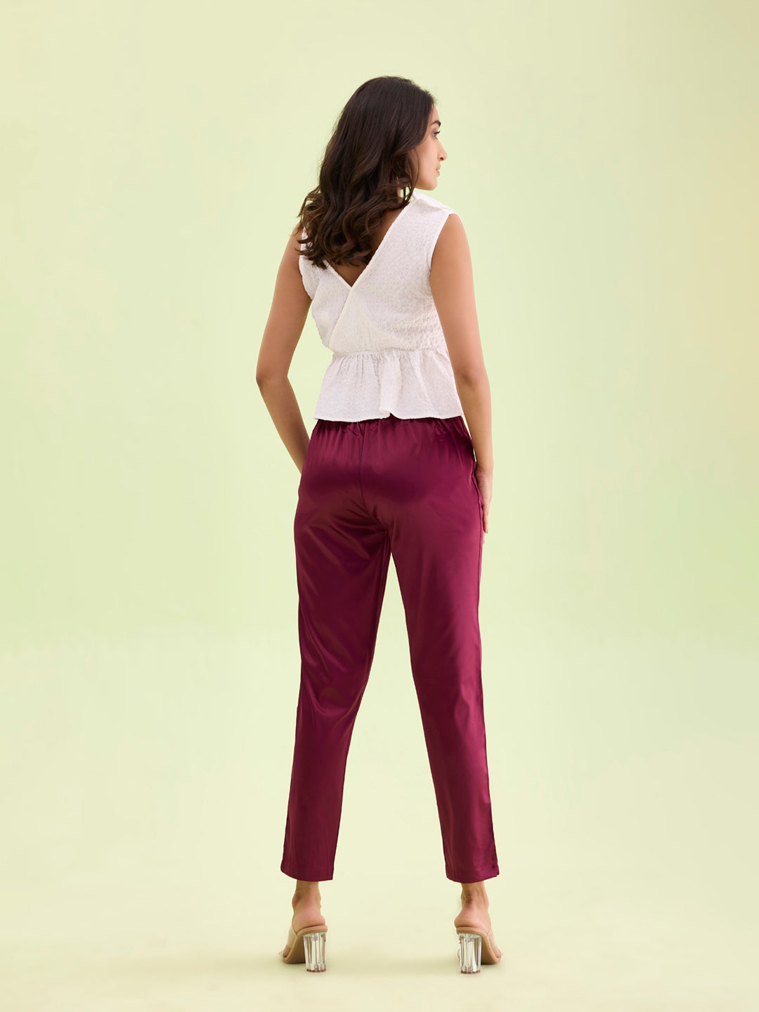 Go Colors Women Solid Mid Rise Dark Wine Shiny Pants - view 3