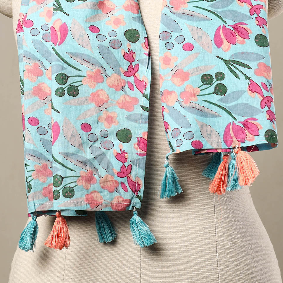 HAVELI CHRONICLES Blue - Block Print Cotton Sanganeri Stole with Tassels 55 - view 2