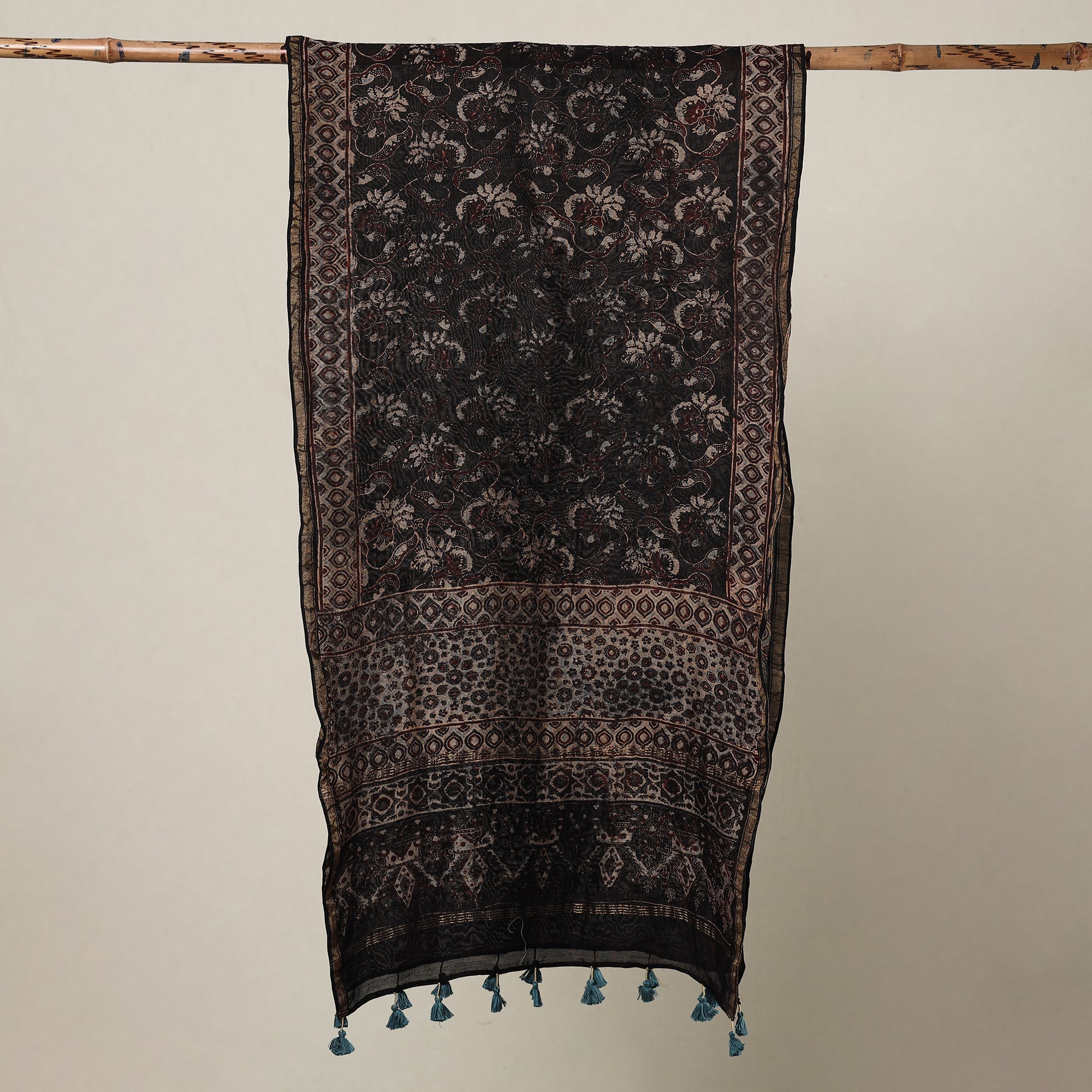 AJRAKH BY SUFIYAN ISMAIL KHATRI Black - Ajrakh Hand Block Printed Chanderi Silk Handloom Stole with Tassels - view 2