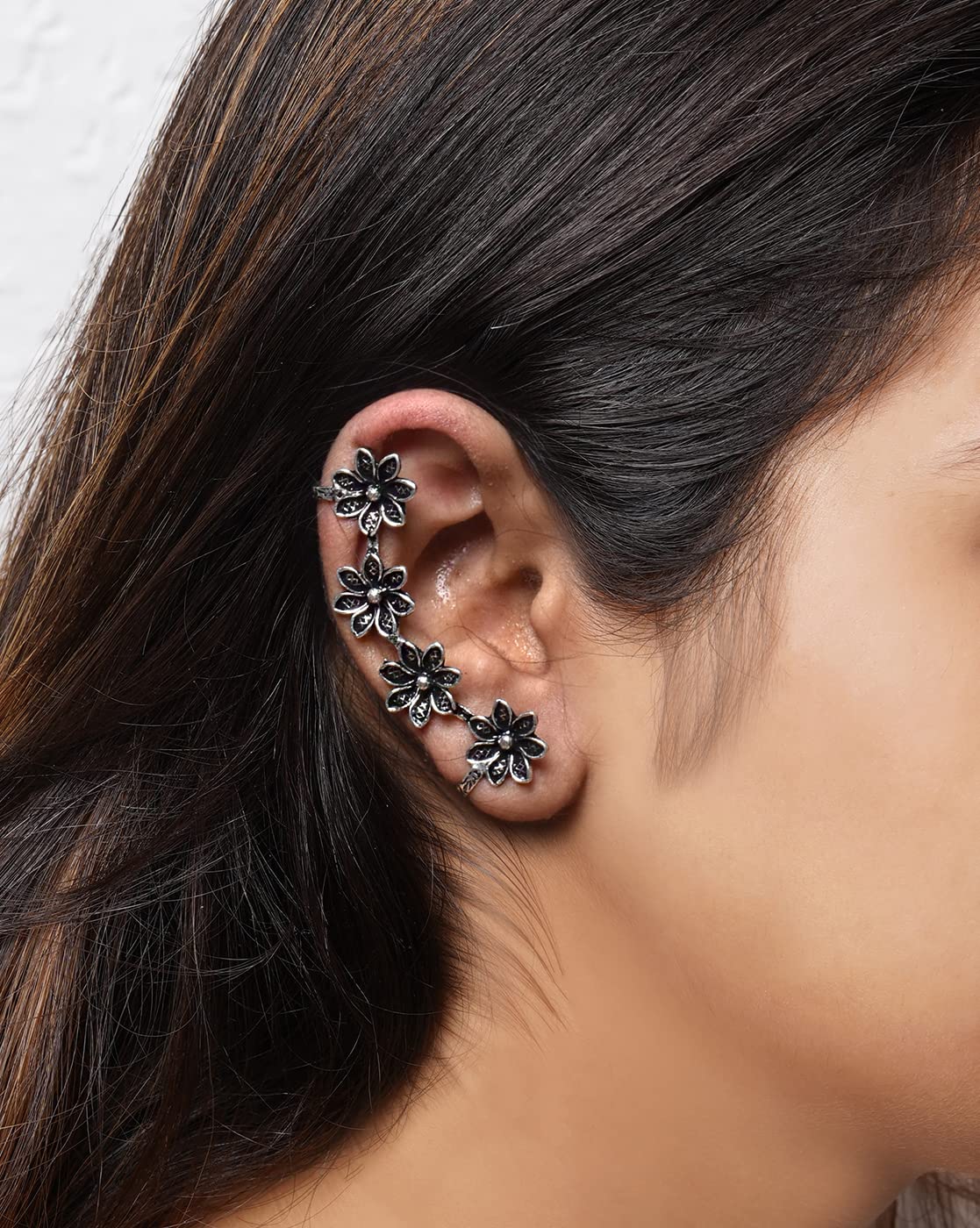 Teejh Ekta Silver Oxidised Floral Earcuffs For Women - view 2