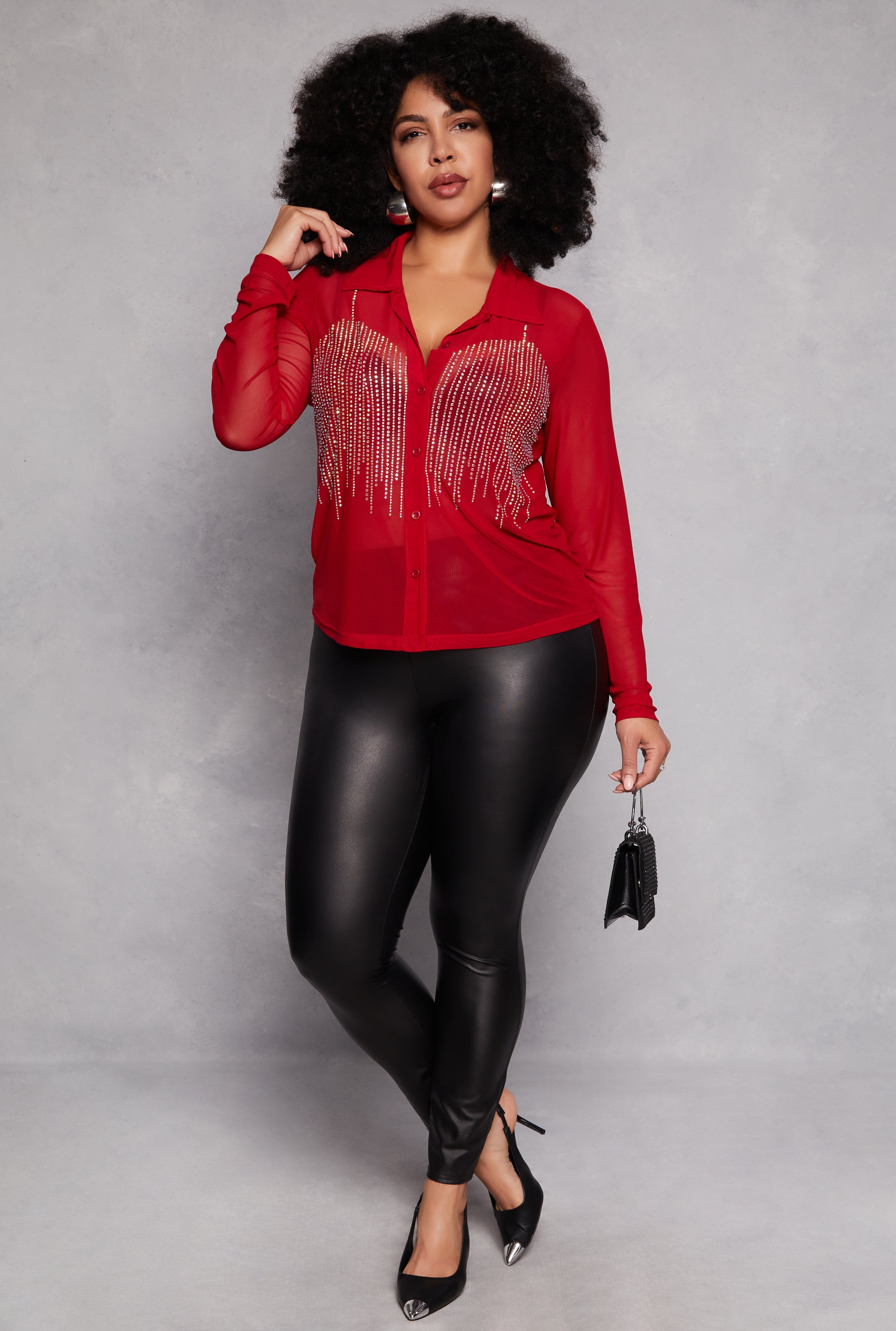 Rainbow Shops Plus Size Rhinestone Mesh Button Front Shirt - view 2