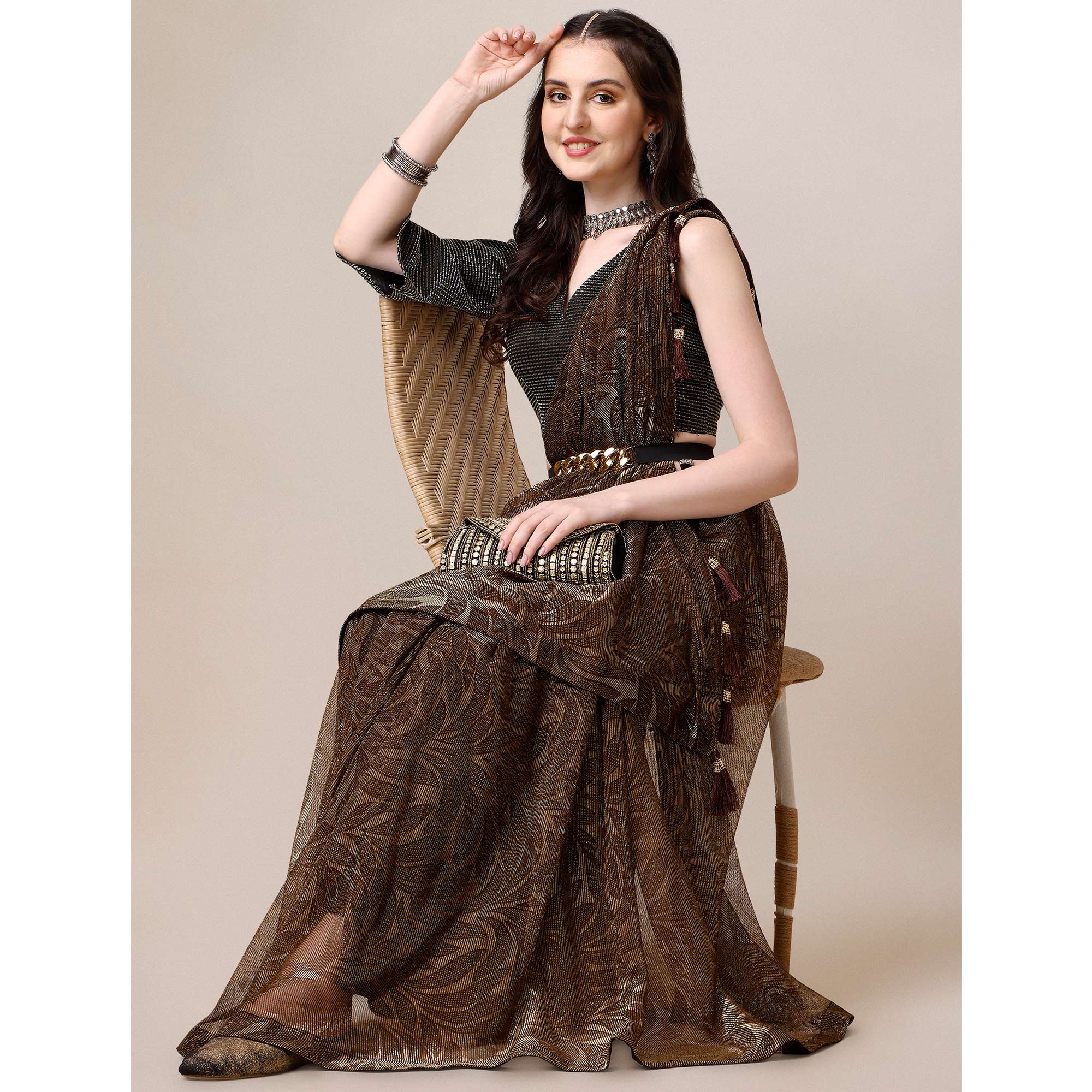 Peachmode Brown Floral Printed Rayon Saree – Women's - view 7