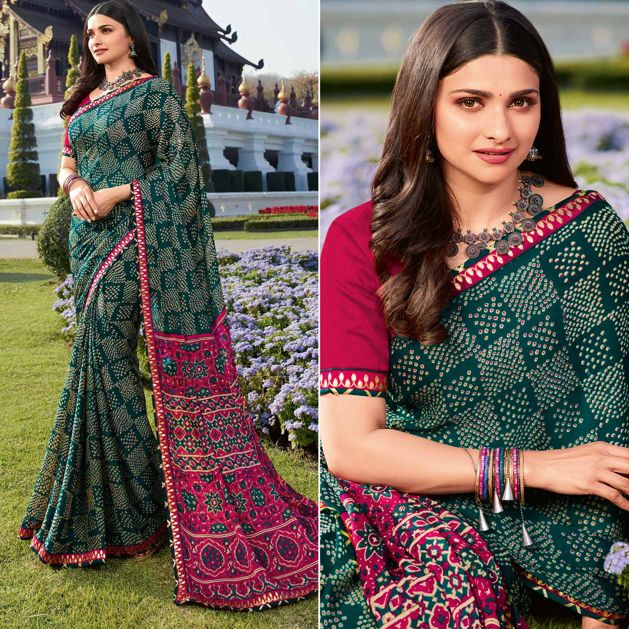 Peachmode Dark Green Bandhani Printed Chiffon Saree