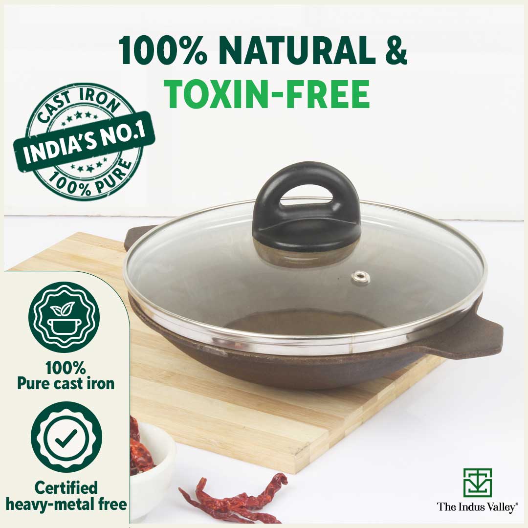 The Indus Valley Super Smooth Cast Iron Appam Pan/Appachetty, Glass Lid,Pre-seasoned, Nonstick, 100% Pure, Toxin-free, 22cm, 1.9kg - view 5