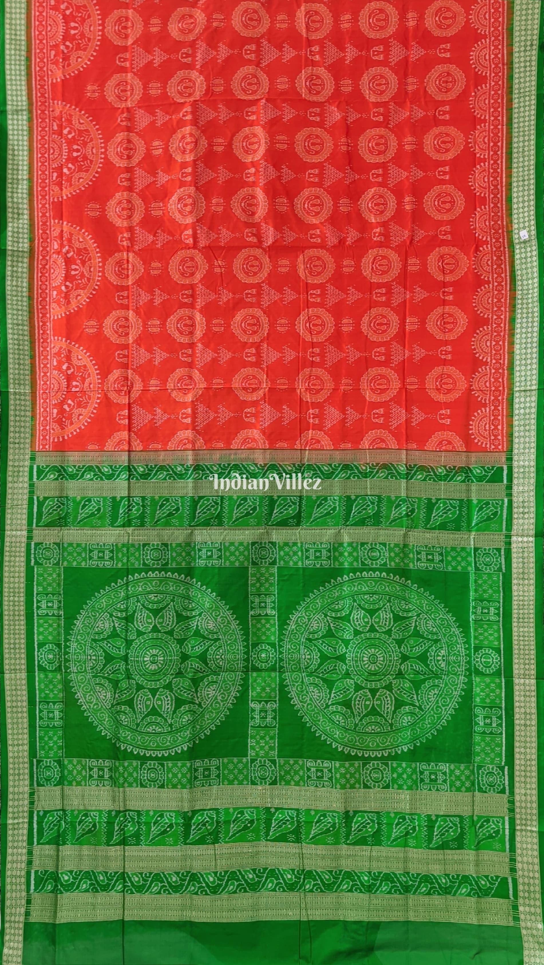 IndianVillèz Orange Green Laxmi Pada Jhoti Design Sambalpuri Ikat Bomkai Silk Saree