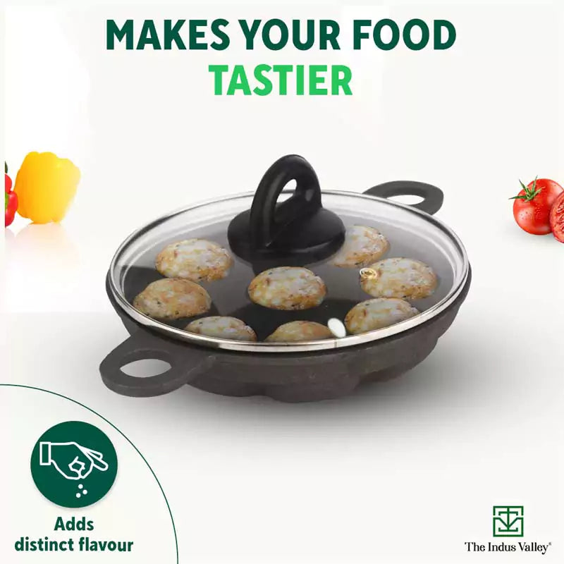 The Indus Valley 9 Pit/Cup CASTrong Cast Iron Paniyaram/Appe Pan+ Glass Lid, Pre-seasoned, Natural Nonstick, 100% Pure, Toxin-free, 21 cm, 2.7 kg - view 9
