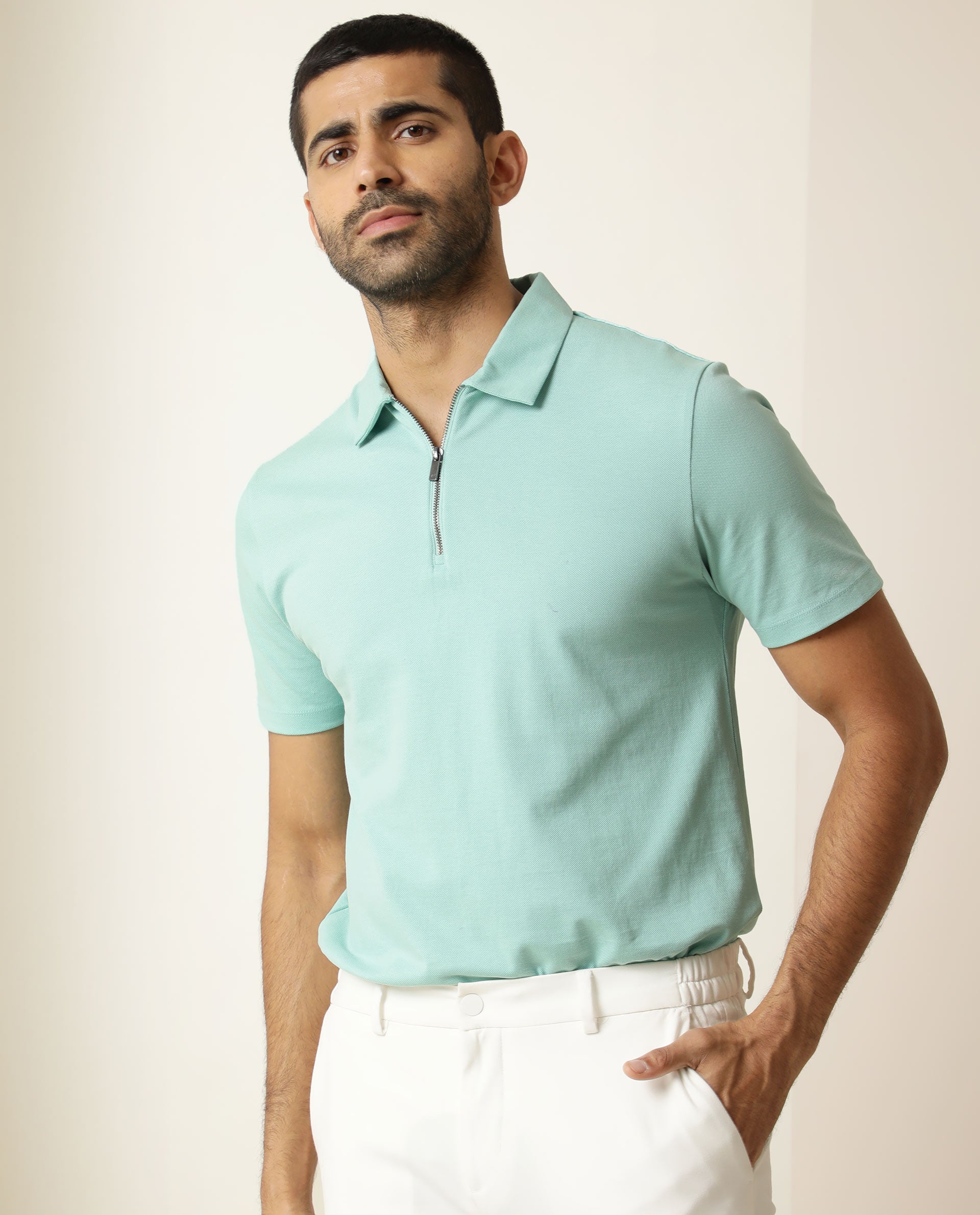 Rare Rabbit Men's Stel Pastel Green Cotton Fabric Collared Neck Zipper Closure Half Sleeves Flat Knit Polo T-Shirt - view 3
