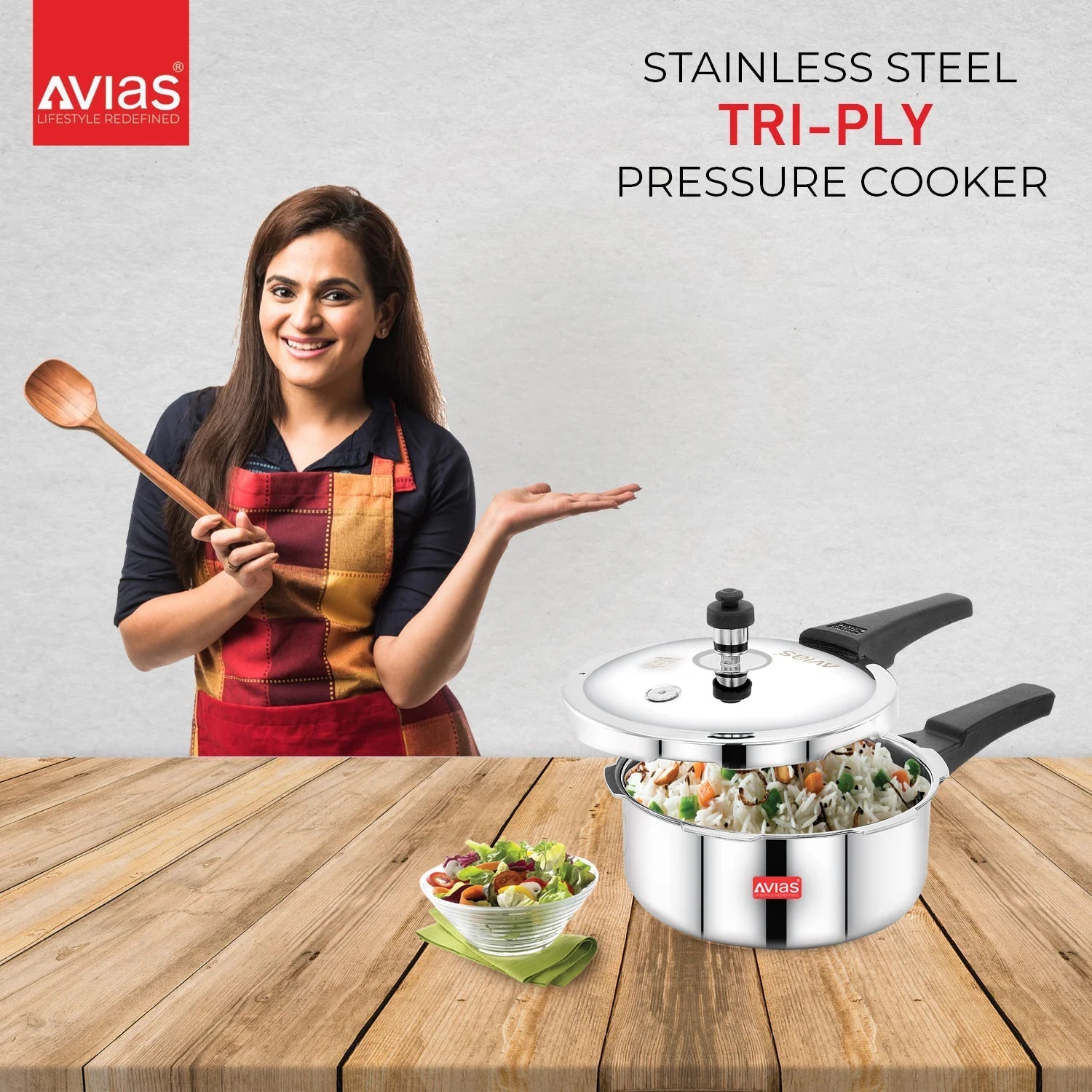 AVIAS Riara Premium Stainless Steel Tri-Ply Pressure Cooker With Outer Lid | Gas & Induction Compatible | Silver - view 12