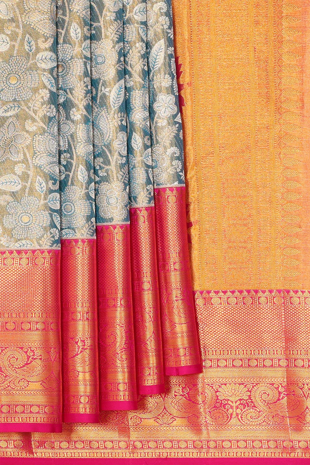 Kalanjali Kanchipattu Bluish Grey Tissue Brocade Saree