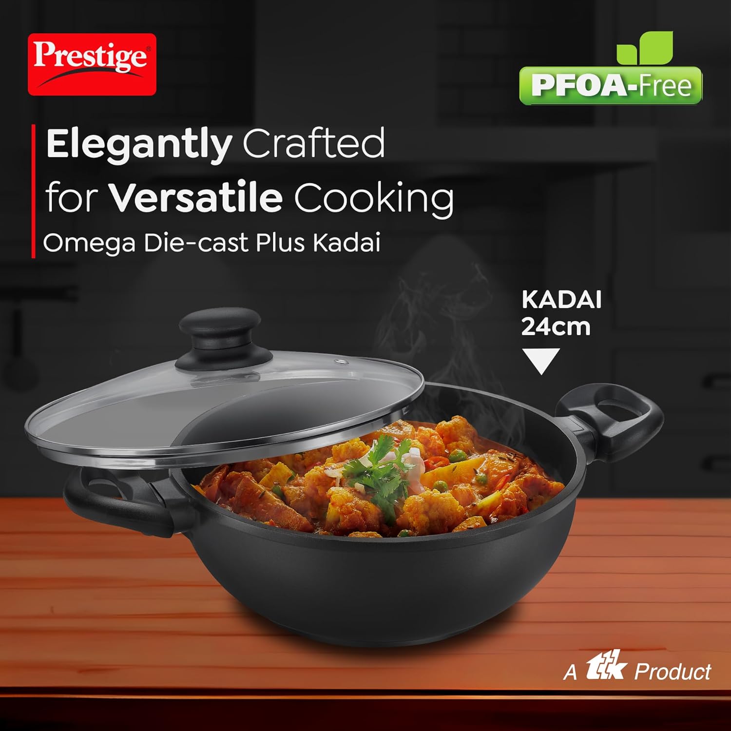 Prestige Omega Die-Cast Plus Aluminium Non-Stick Kadai 24 cm with Glass Lid | Gas & Induction Compatible | Black - view 2