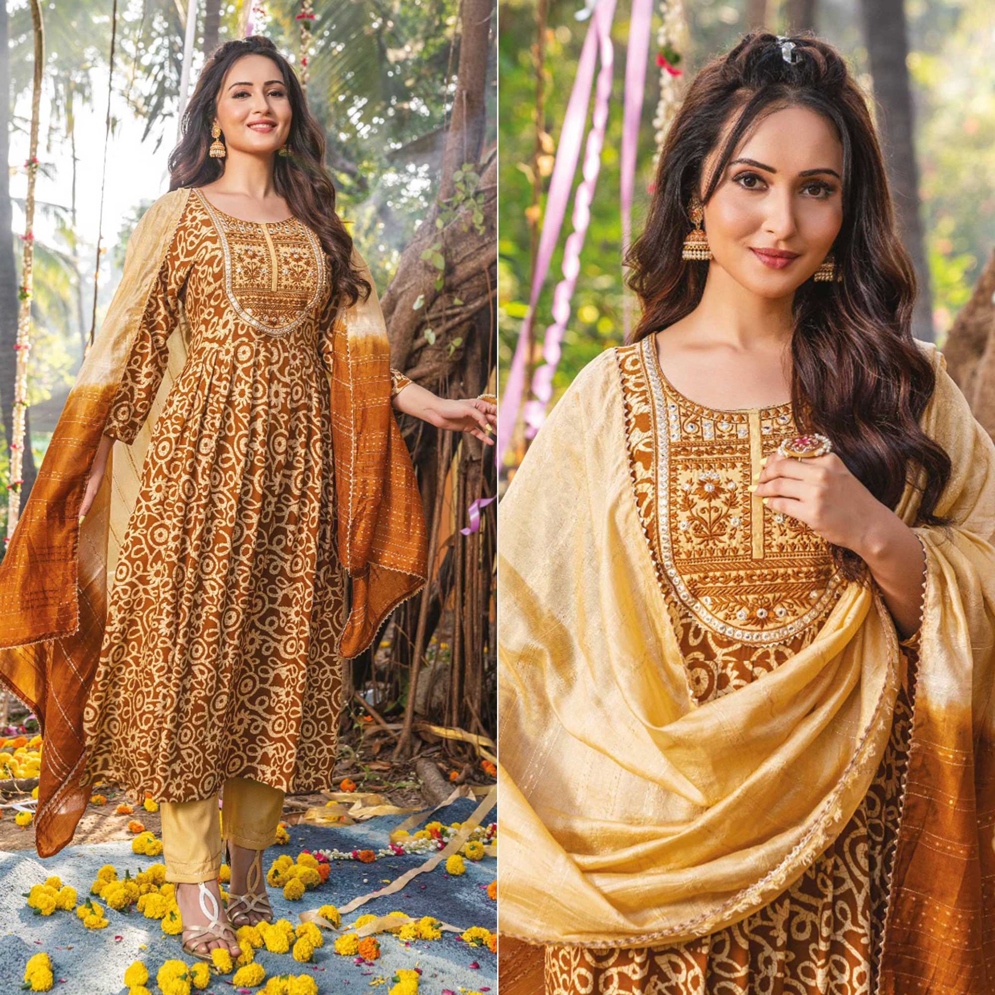 Peachmode Seller Brown Printed Rayon Naira Cut Suit
