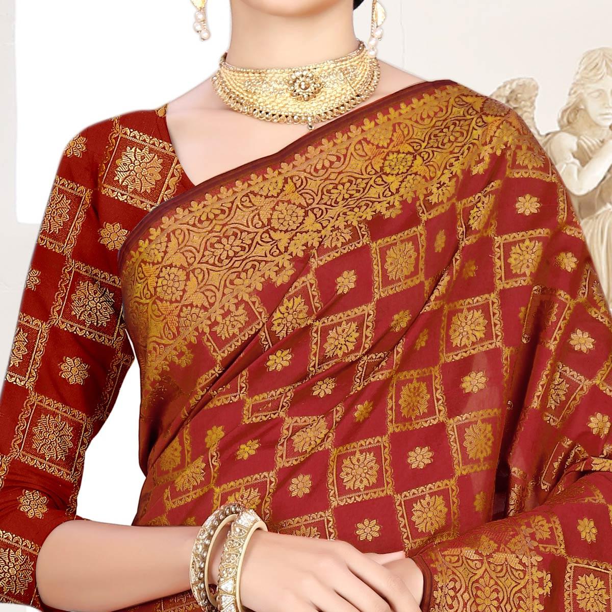 Peachmode Flirty Maroon Colored Festive Wear Woven Silk Saree - view 2