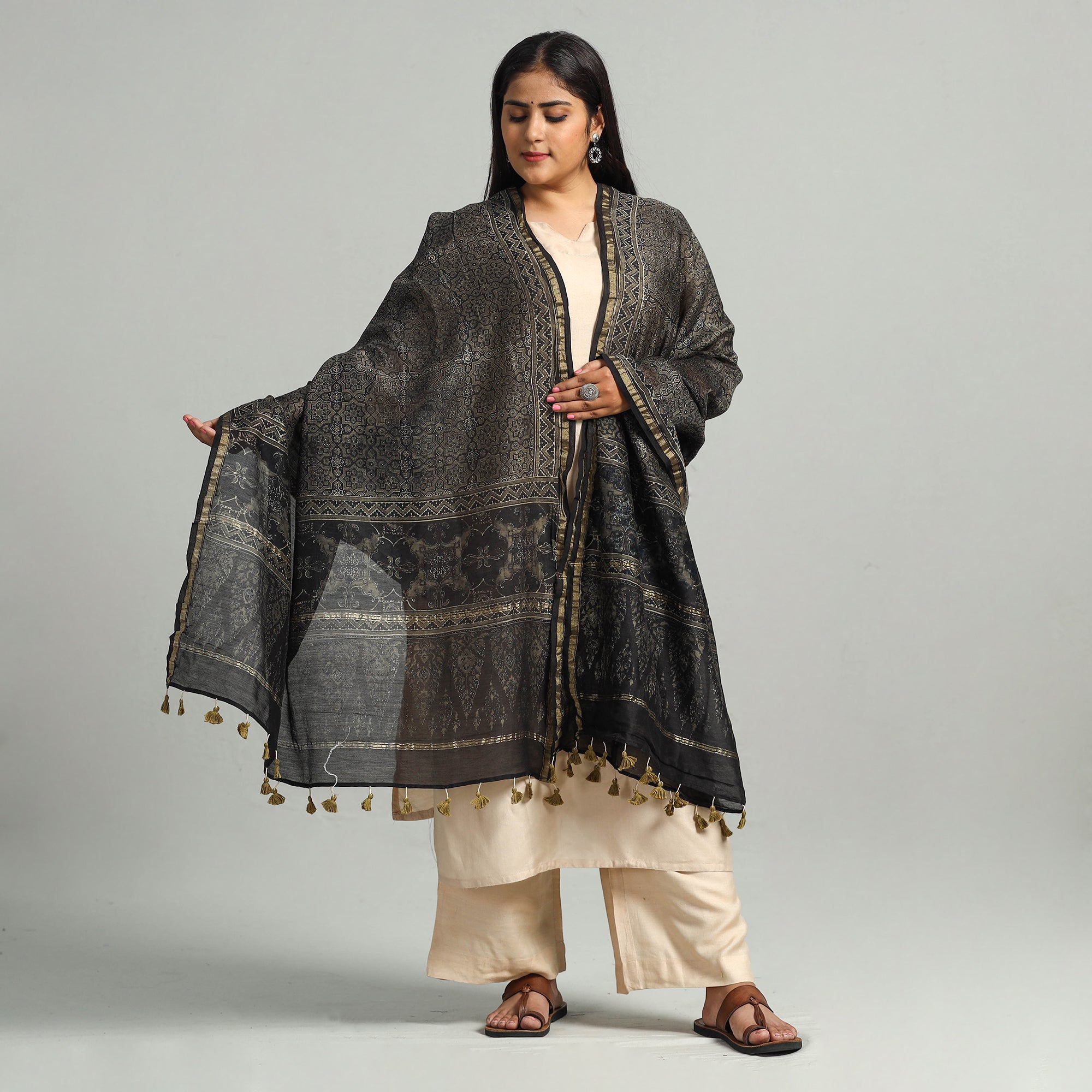 AJRAKH BY SUFIYAN ISMAIL KHATRI Black - Block Printed Chanderi Silk Handloom Ajrakh Dupatta 22 - view 2