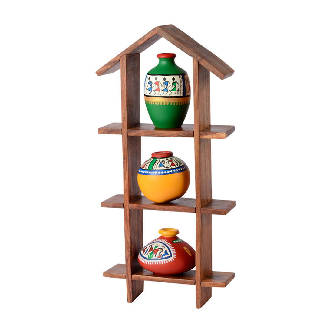 EXCLUSIVELANE 3 Terracotta Warli Handpainted Pots with Sheesham Wooden Hut Frame Wall Hanging - view 2