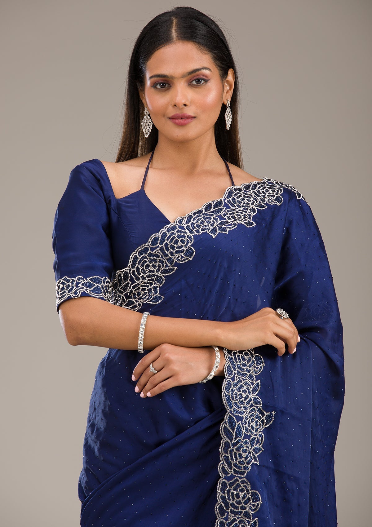 Koskii Navy Blue Swarovski Satin Saree – Women's - view 7