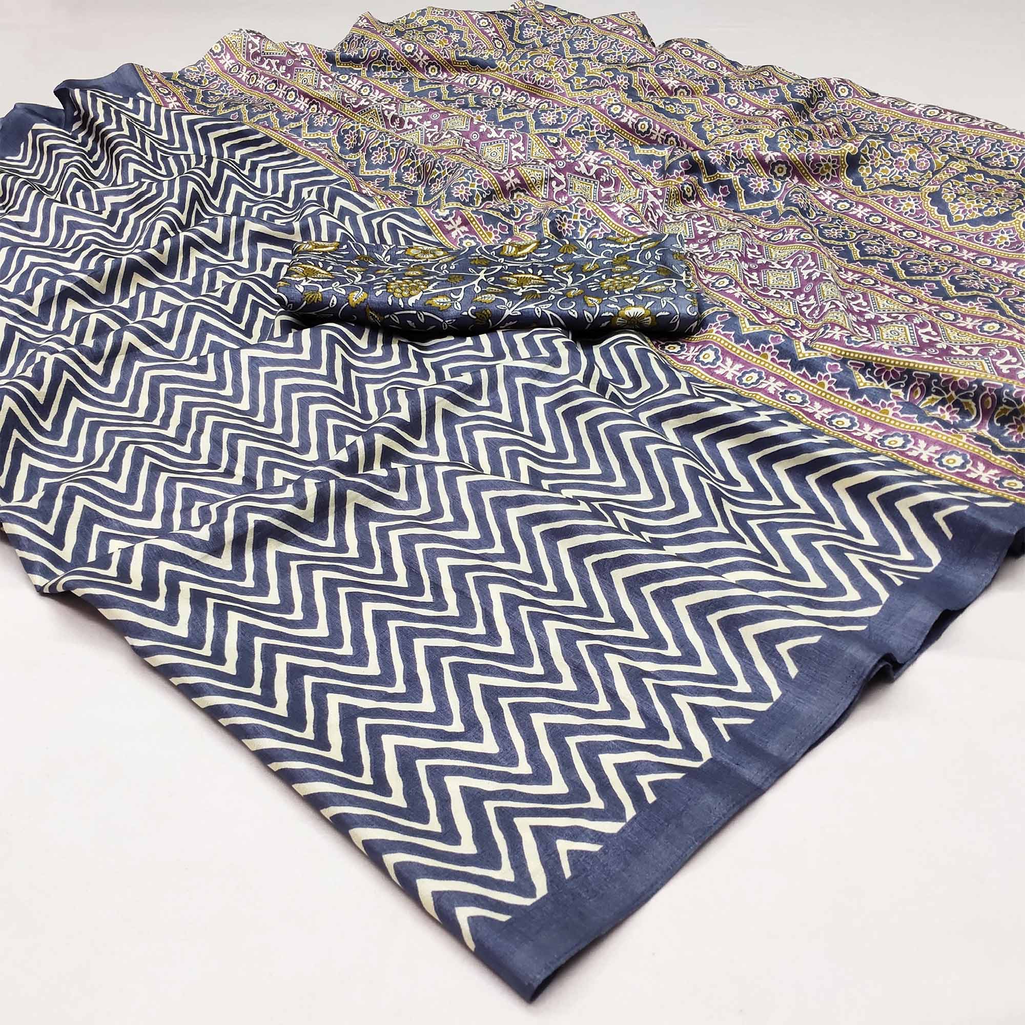 Peachmode Grey Striped Printed Art Silk Saree