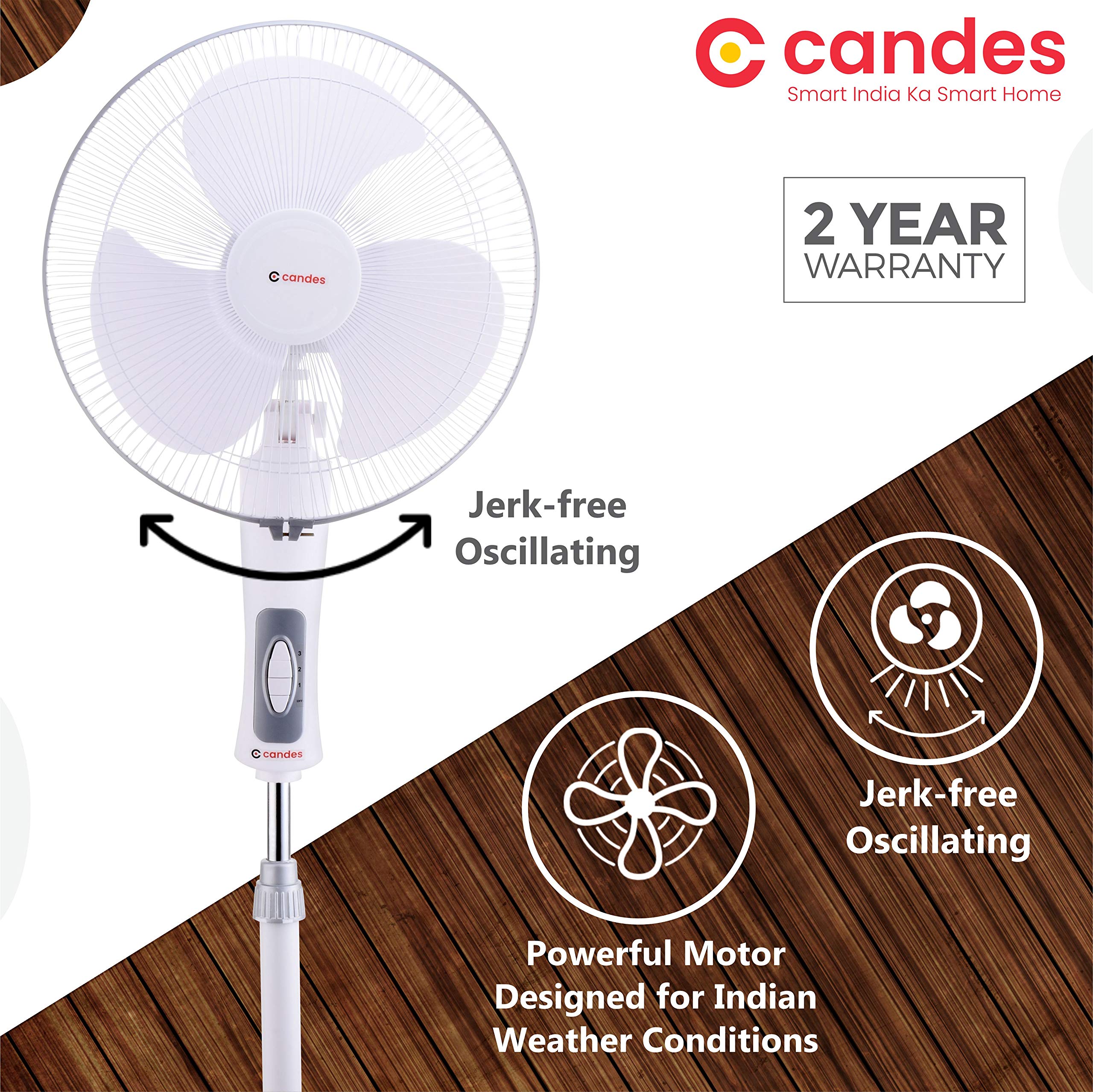 Candes Platine 400mm 3 Blade Automatic Oscillation Pedestal Fan With 2 Years Warranty (White Silver) - view 2