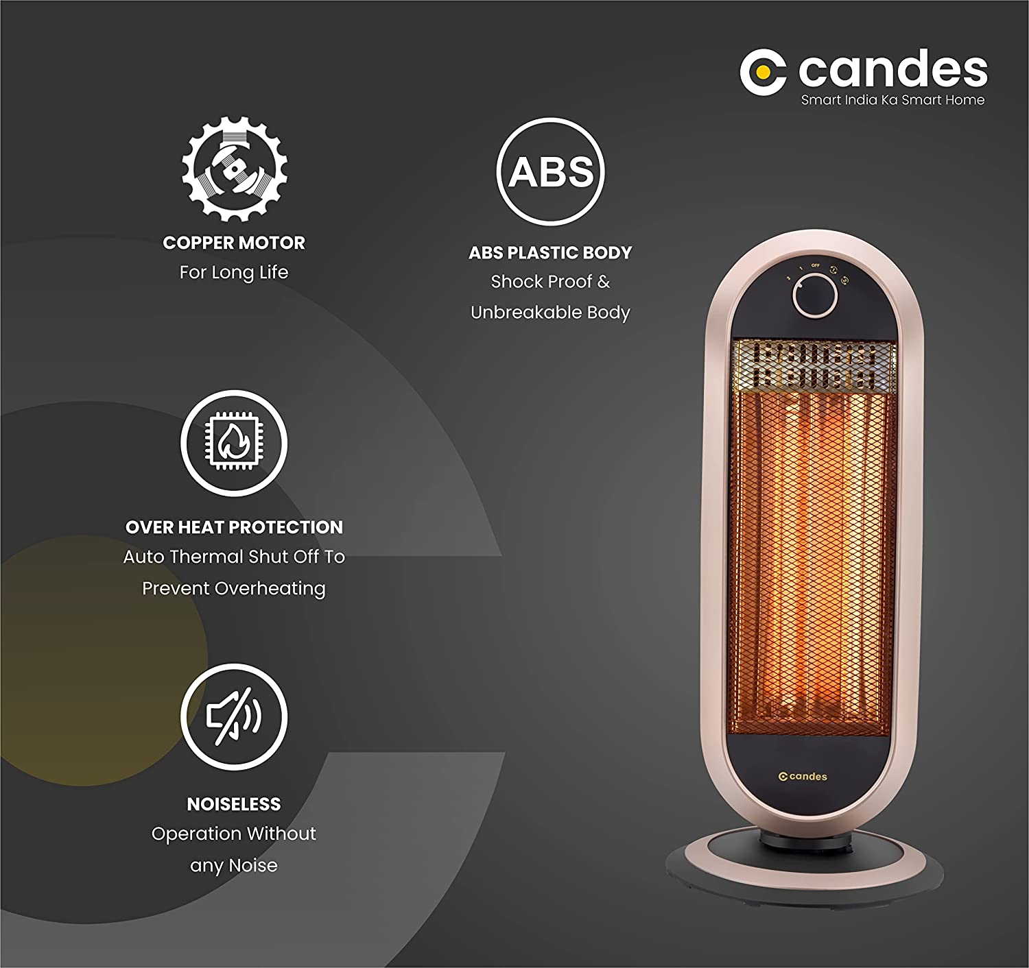 Candes Carbon 2 Rod Room Heater for Winter with 2 Heat Setting - 500W/1000W (Black/Brown) - view 5