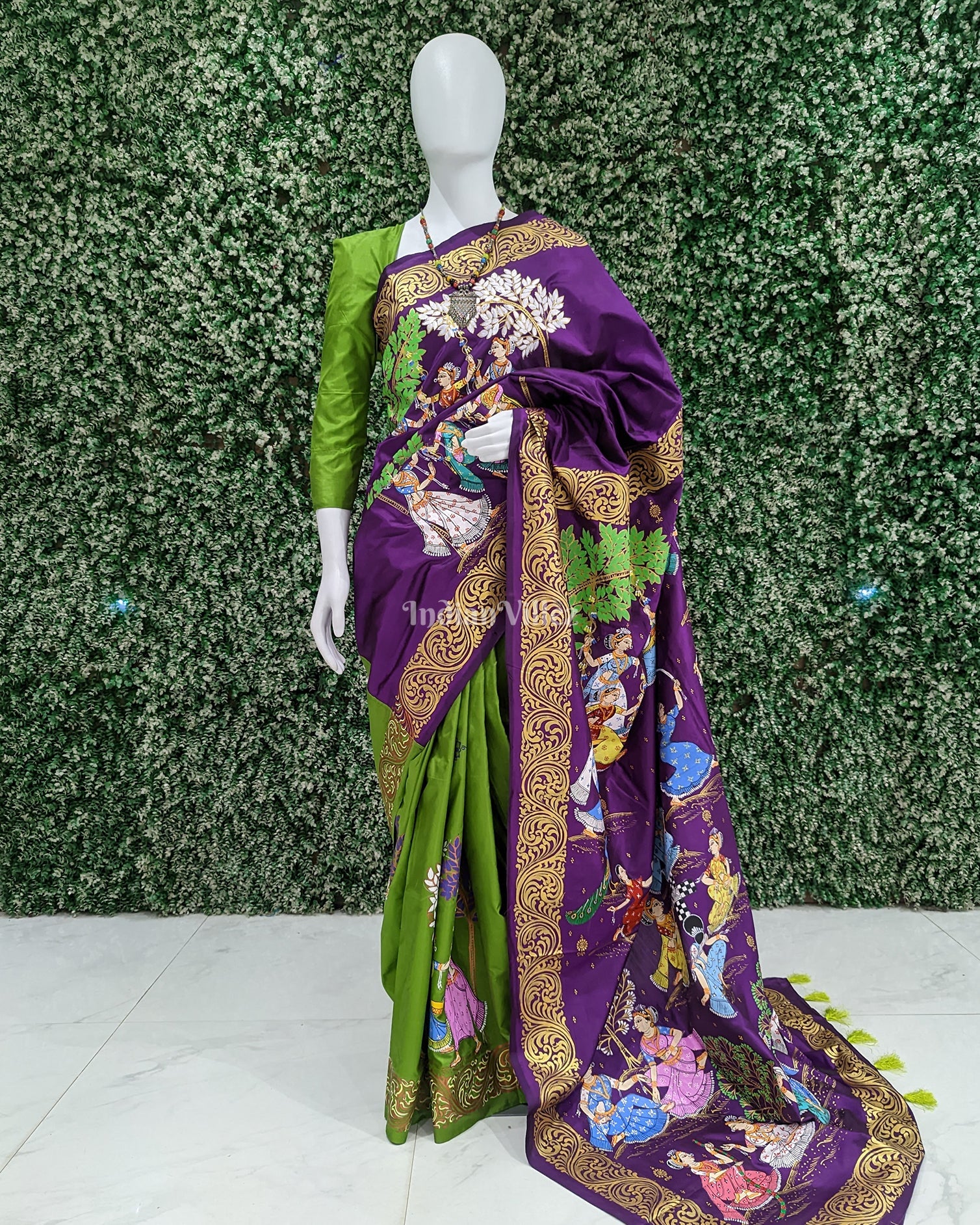 IndianVillèz Parrot Green With Violet Raja Theme Hand-Painted Pattachitra Saree