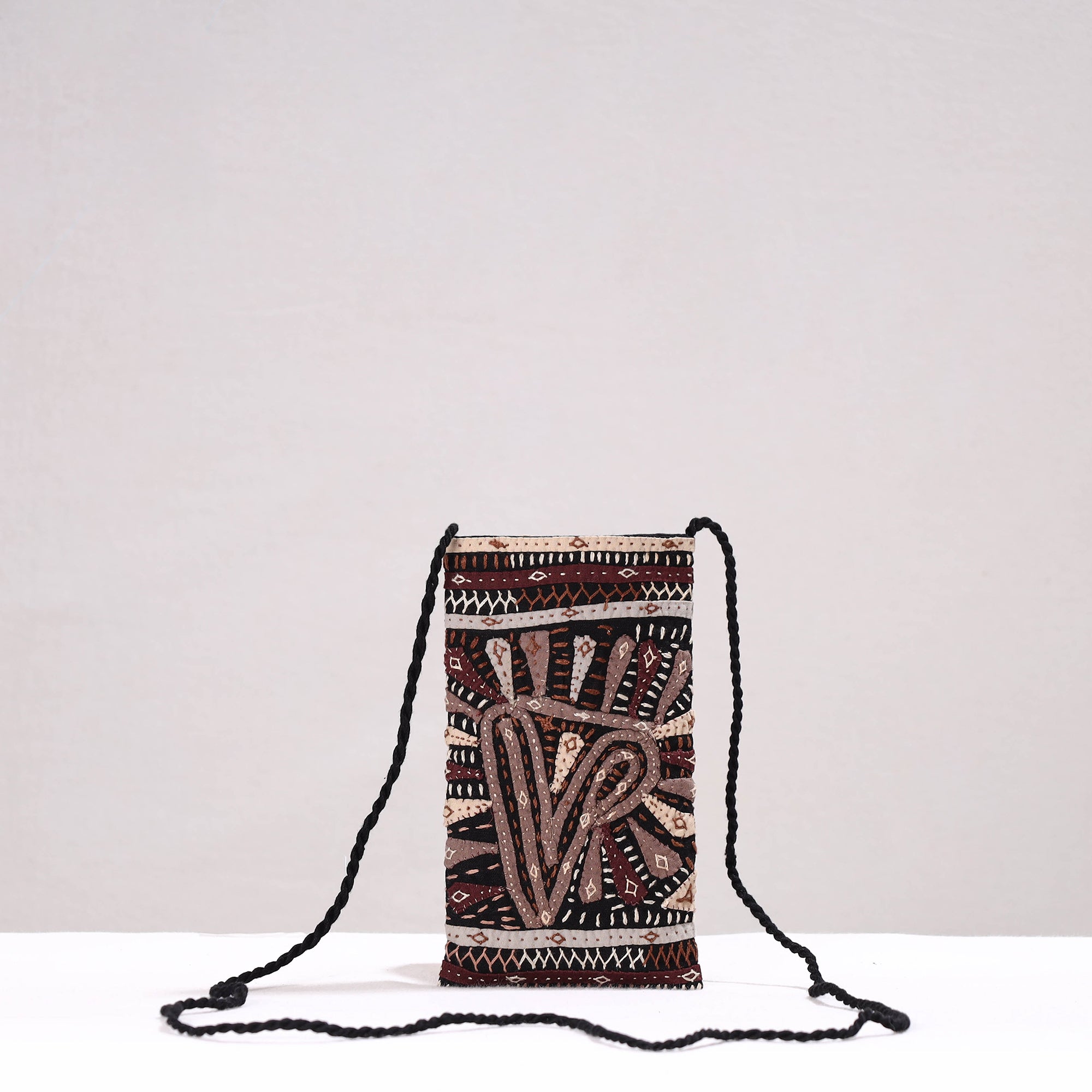 QASAB Black - Kutch Dhebariya Qatab Hand Embroidery Cotton Sling Dori Mobile Pouch - view 2