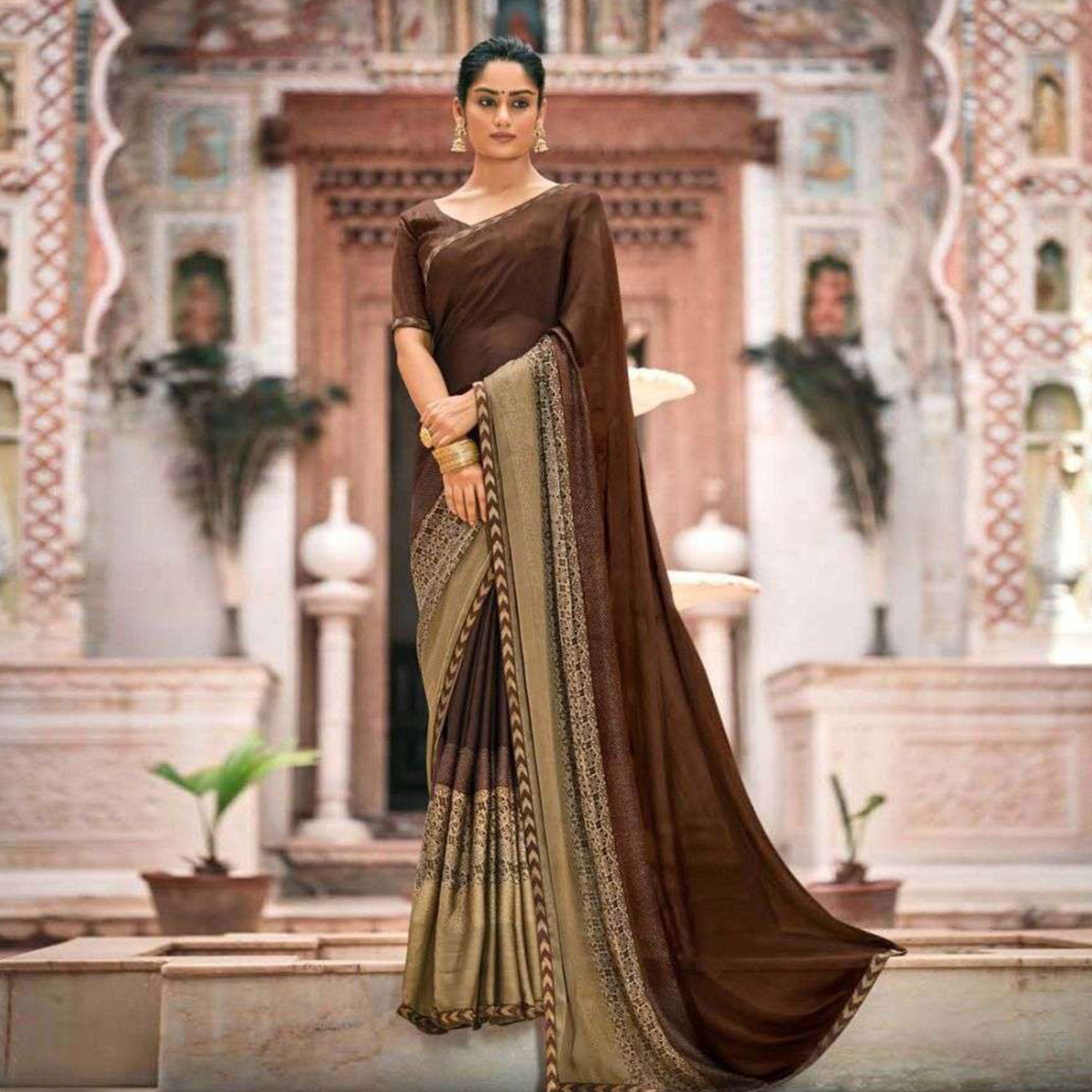 Peachmode Brown Printed Fancy Fabric Saree – Women's