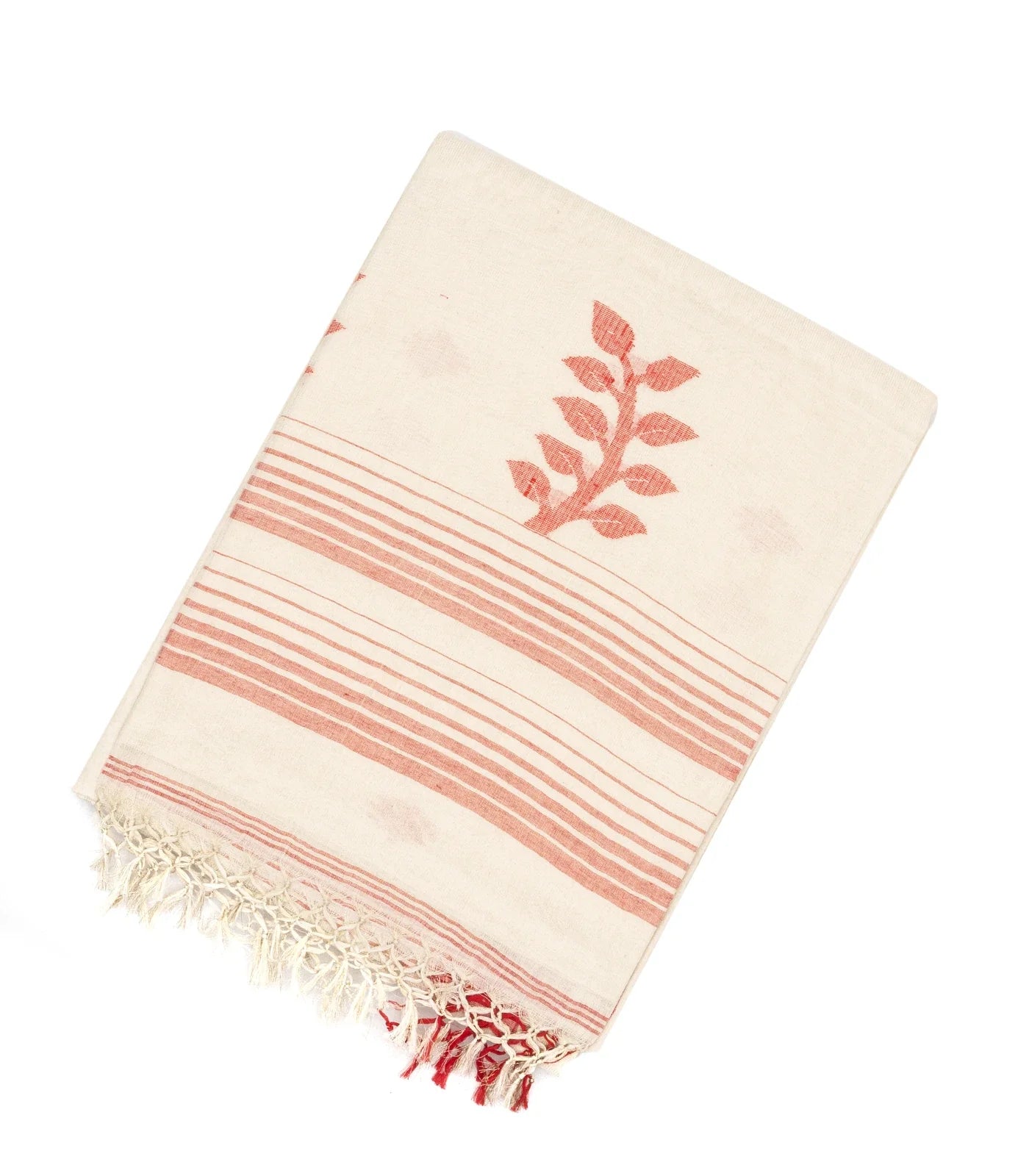 RmKV White Handloom Bengal Cotton Saree With Stripes & Buttas