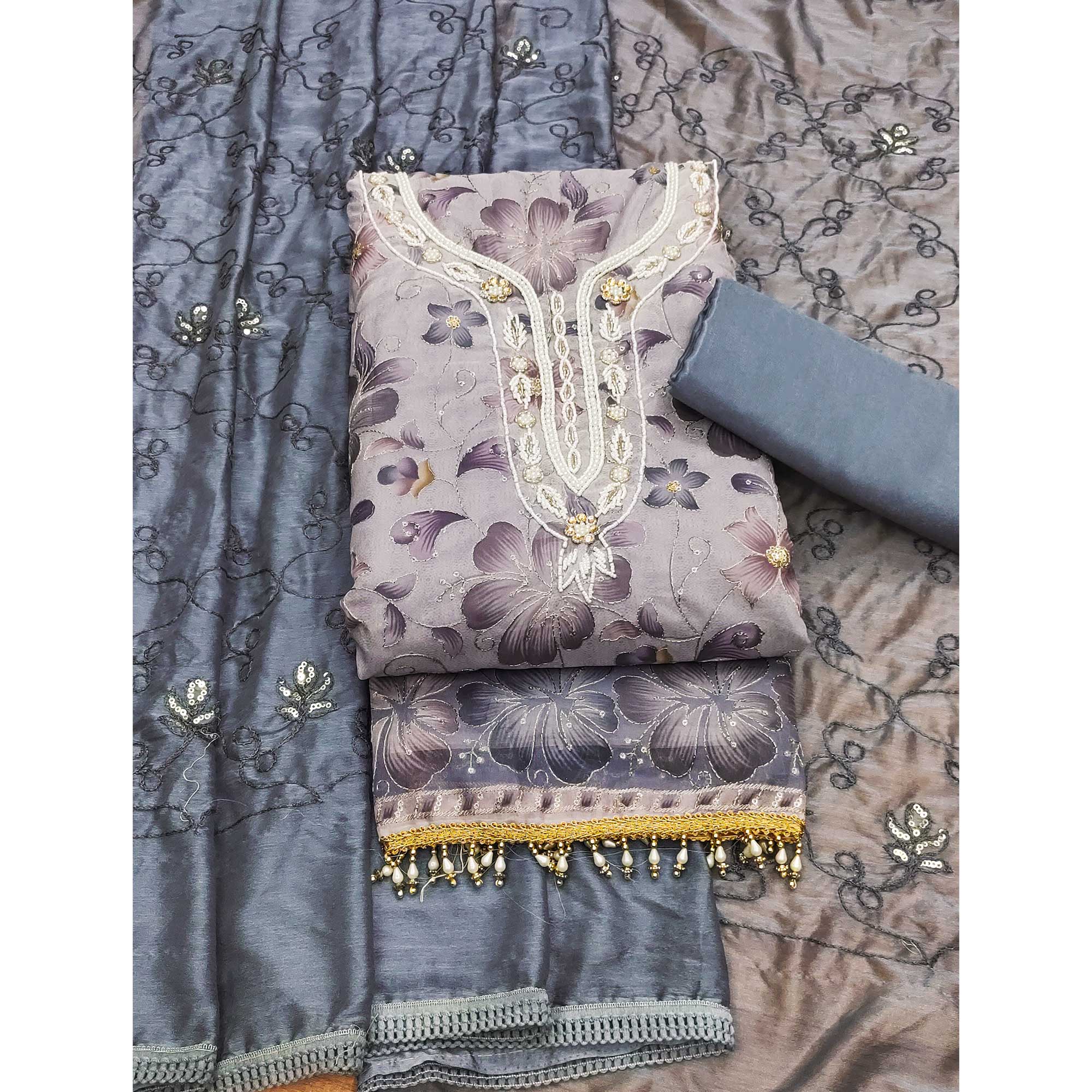 Peachmode Light Lavender Floral Sequins Embroidered With Printed Organza Dress Material - view 3