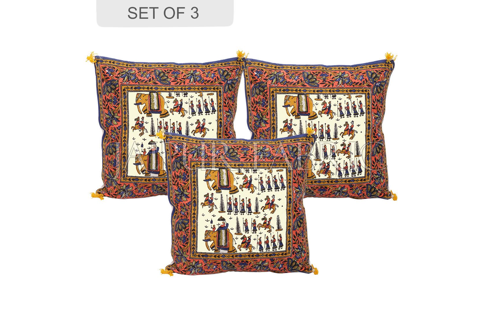 JaipurFabric® Cream Base Orange Border Rajasthani Barat Print Cotton Cushion cover - view 2