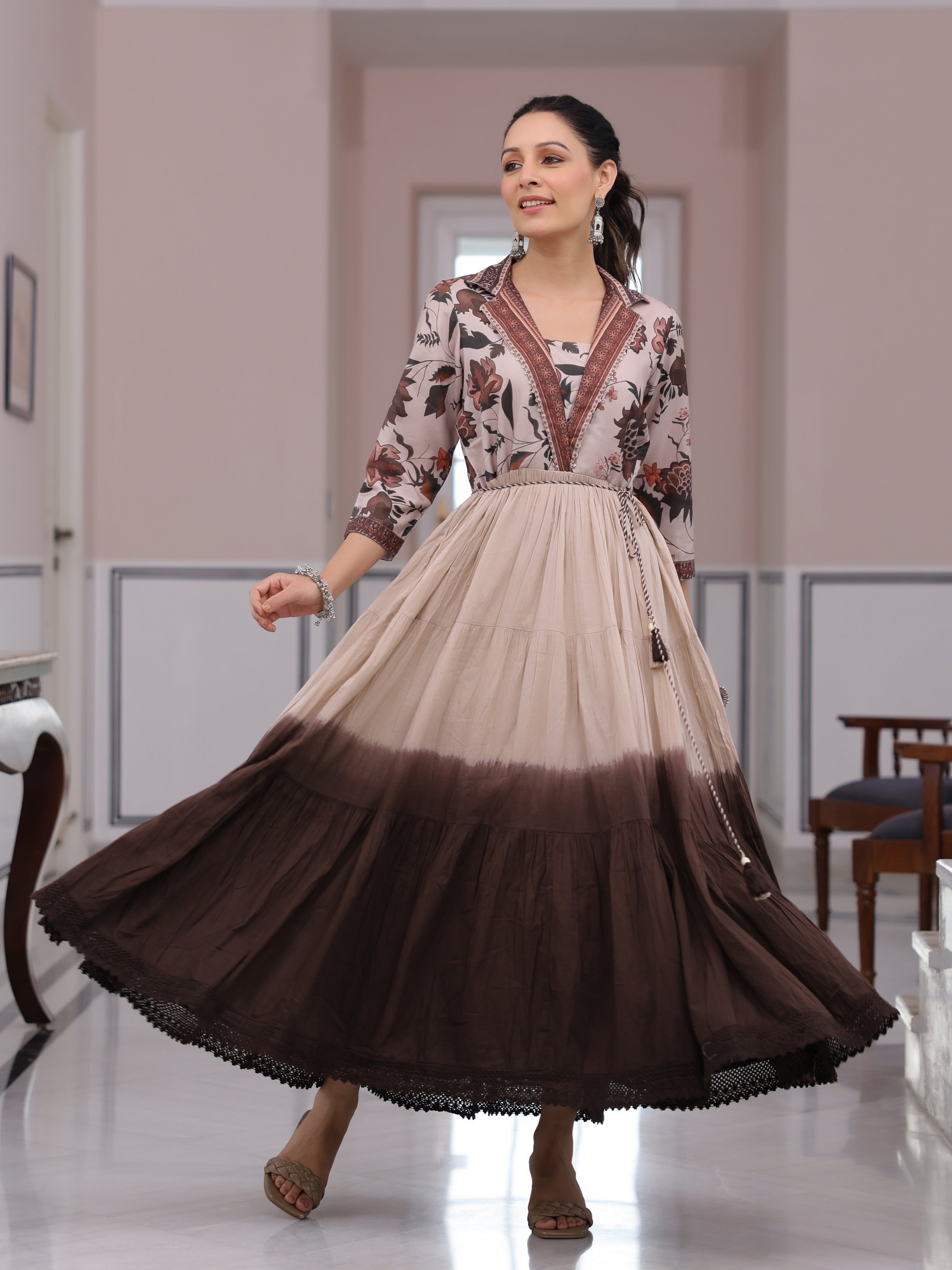 Fashor Floral Printed Ombre Dyed Pearl Beading Embellished Tiered Dress - Beige & Brown - view 3