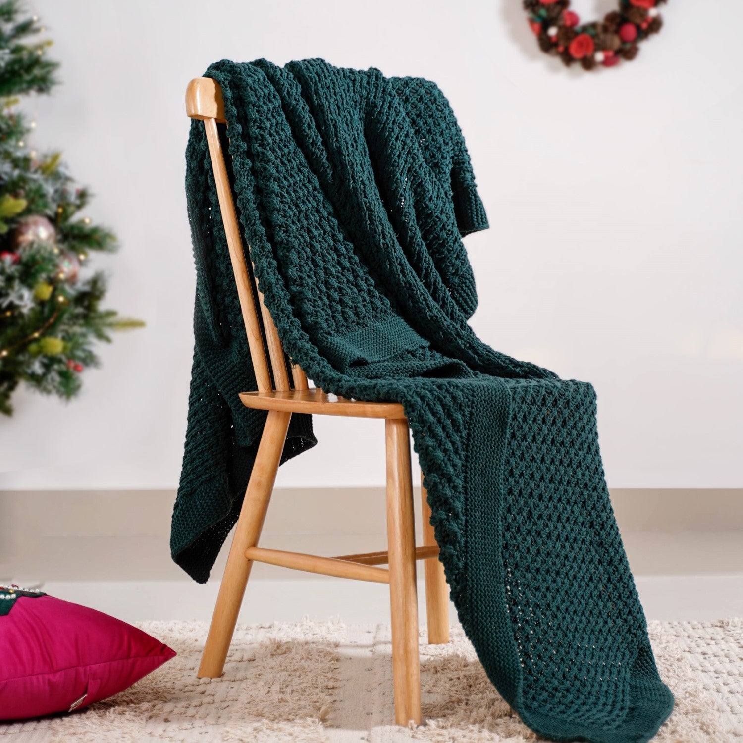 Nestasia Green Cable Knitted Pure Cotton Soft Throw Blanket - view 7