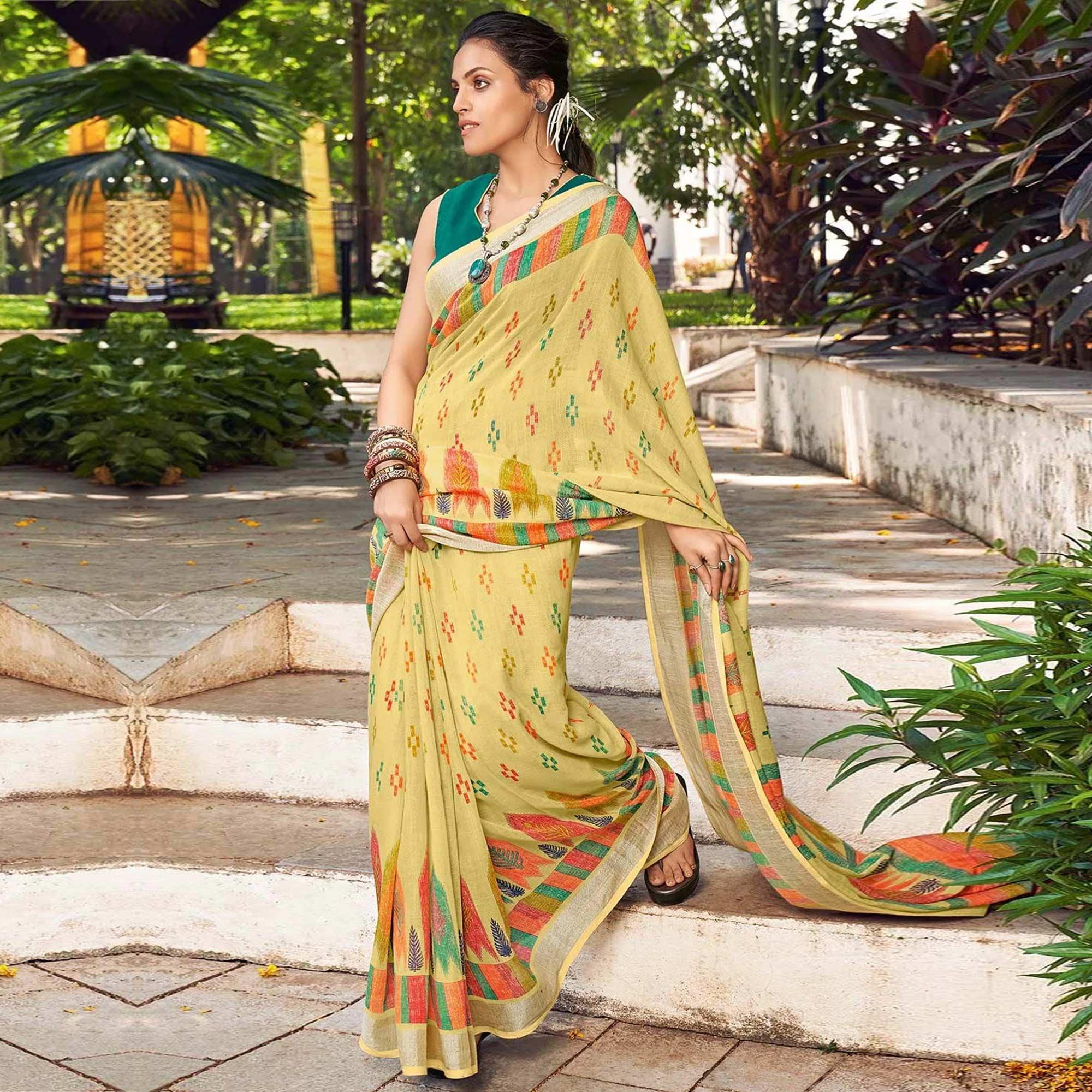 Peachmode Light Mehendi Green Printed Linen Saree
