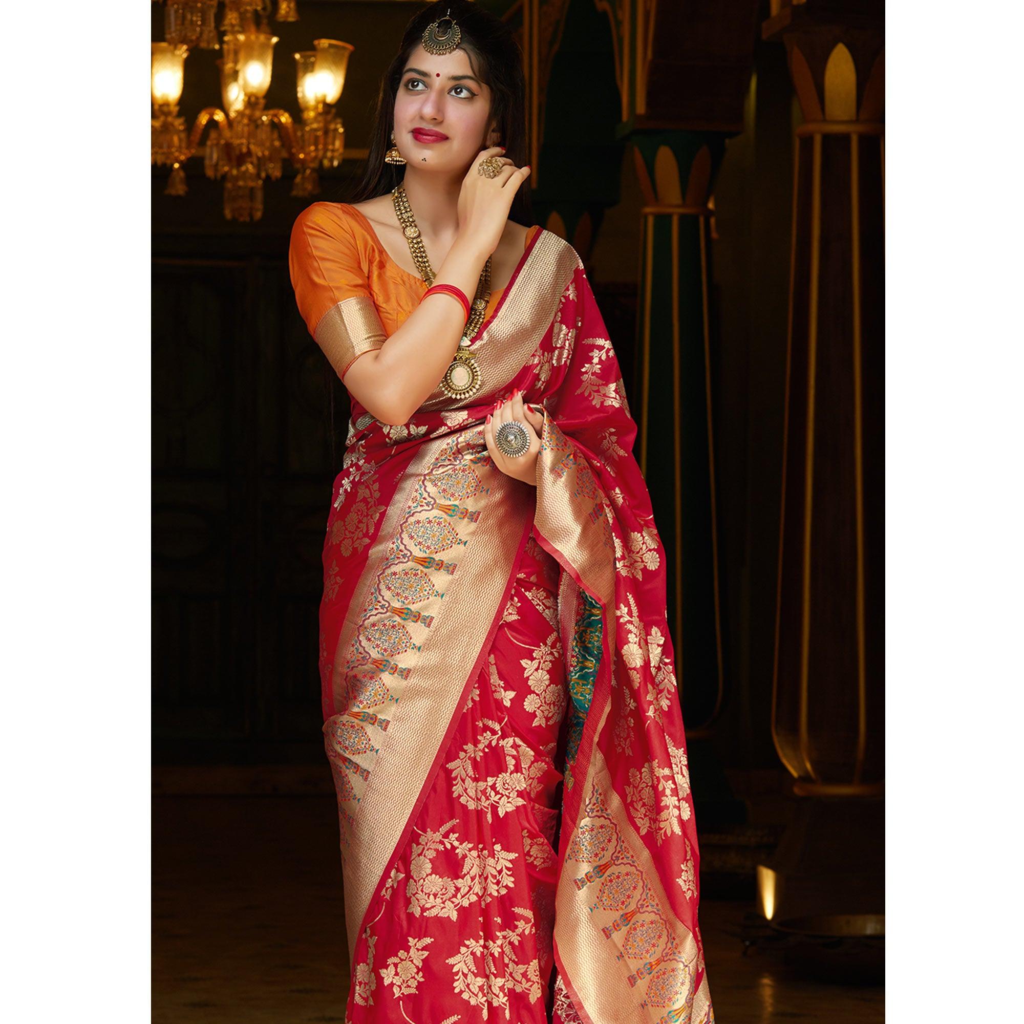 Peachmode Hypnotic Red Colored Festive Wear Woven Silk Saree - view 3