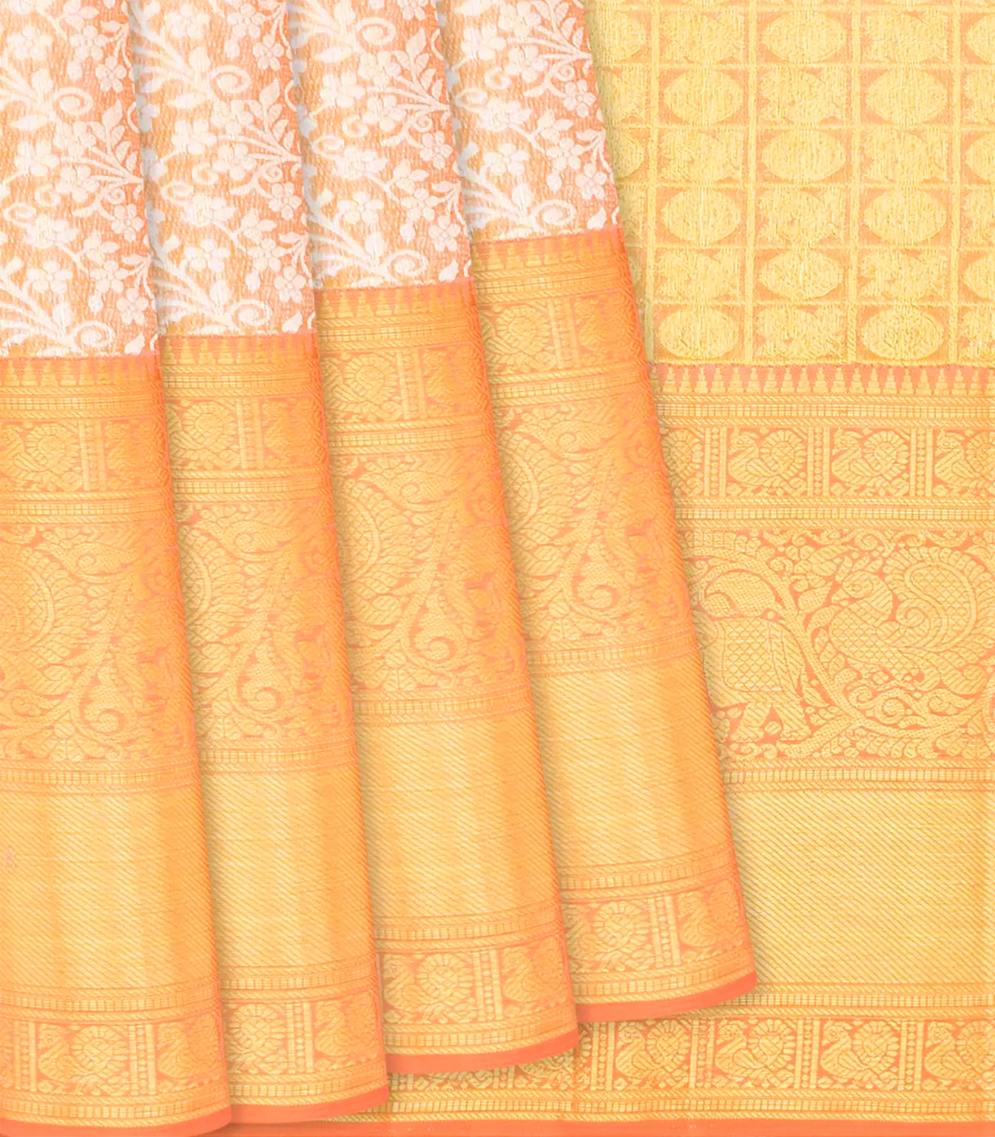 RmKV Peach Handloom Kanchipuram Tissue Silk Saree With Floral Motifs-Peach