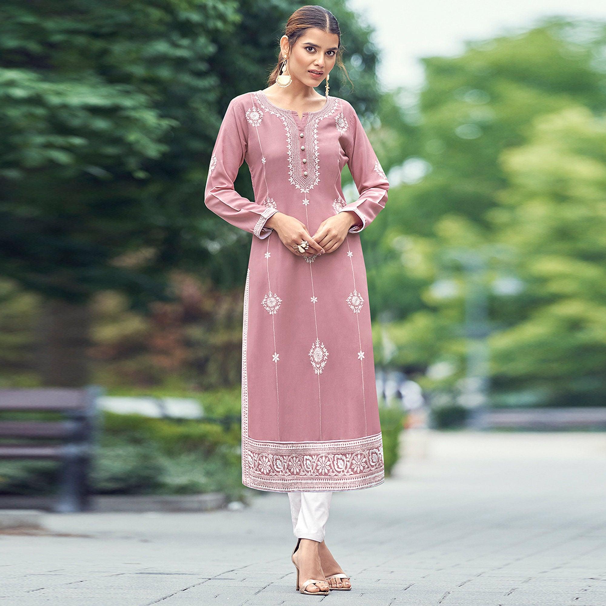 Peachmode Seller Light Pink Lakhnawi Work Rayon Kurti - view 2
