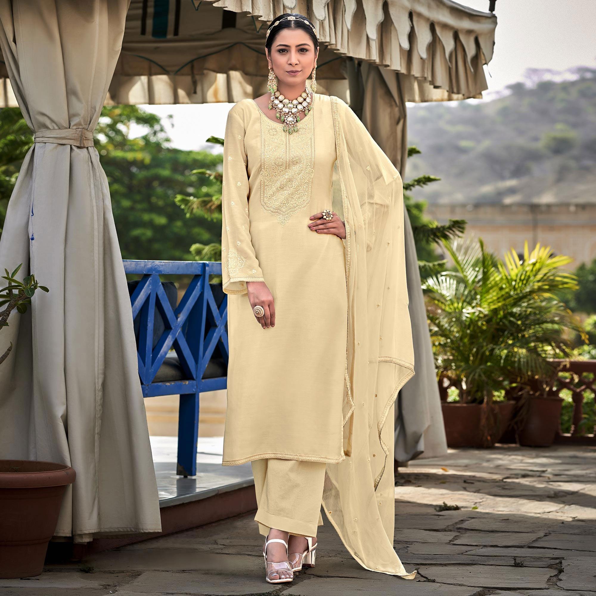 Peachmode Cream Embroidered Cotton Silk Suit - view 2
