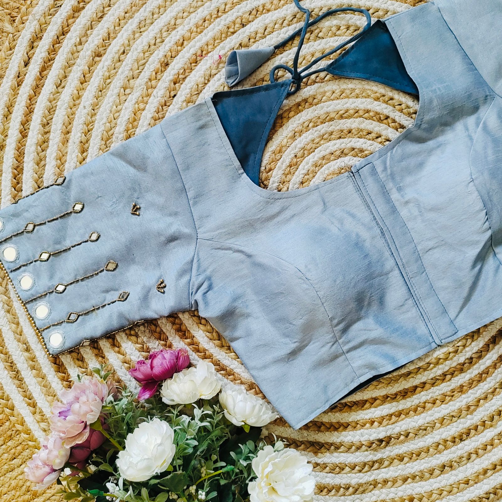 ClothsVilla Sky Blue Russian Silk Blouse with Mirror and Pearl Embellishments