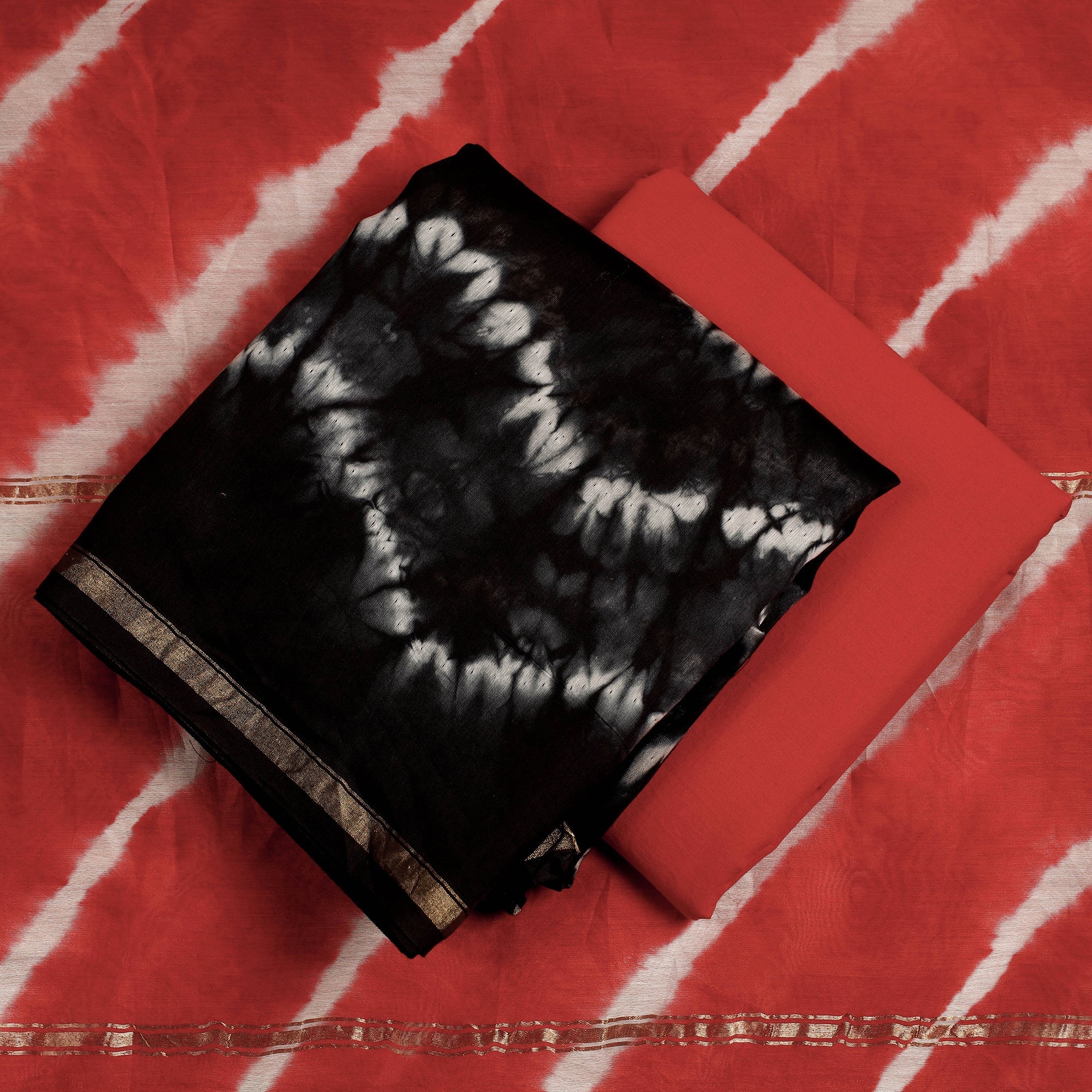 ARTISAN HAND BLOCK PRINTS Black - 3pc Black & Red Miura Shibori Tie-Dye Chanderi Silk Suit Material Set - view 2