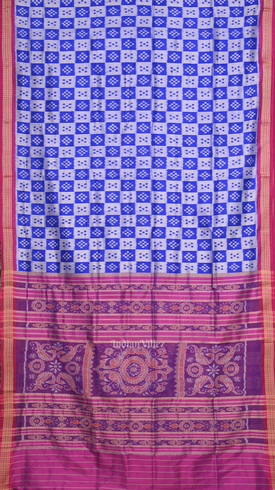 IndianVillèz Gray Blue Odisha Ikat Pasapali Khandua Silk Saree