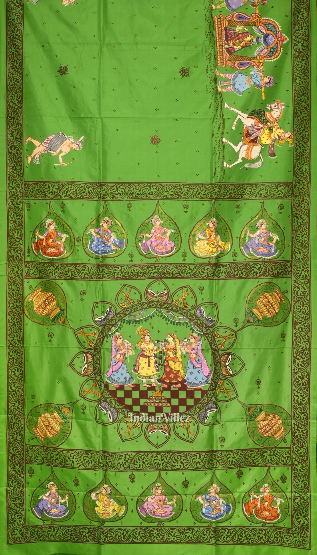IndianVillèz Green Doli Barat With Marriage Theme Hand-Painted Pattachitra Saree