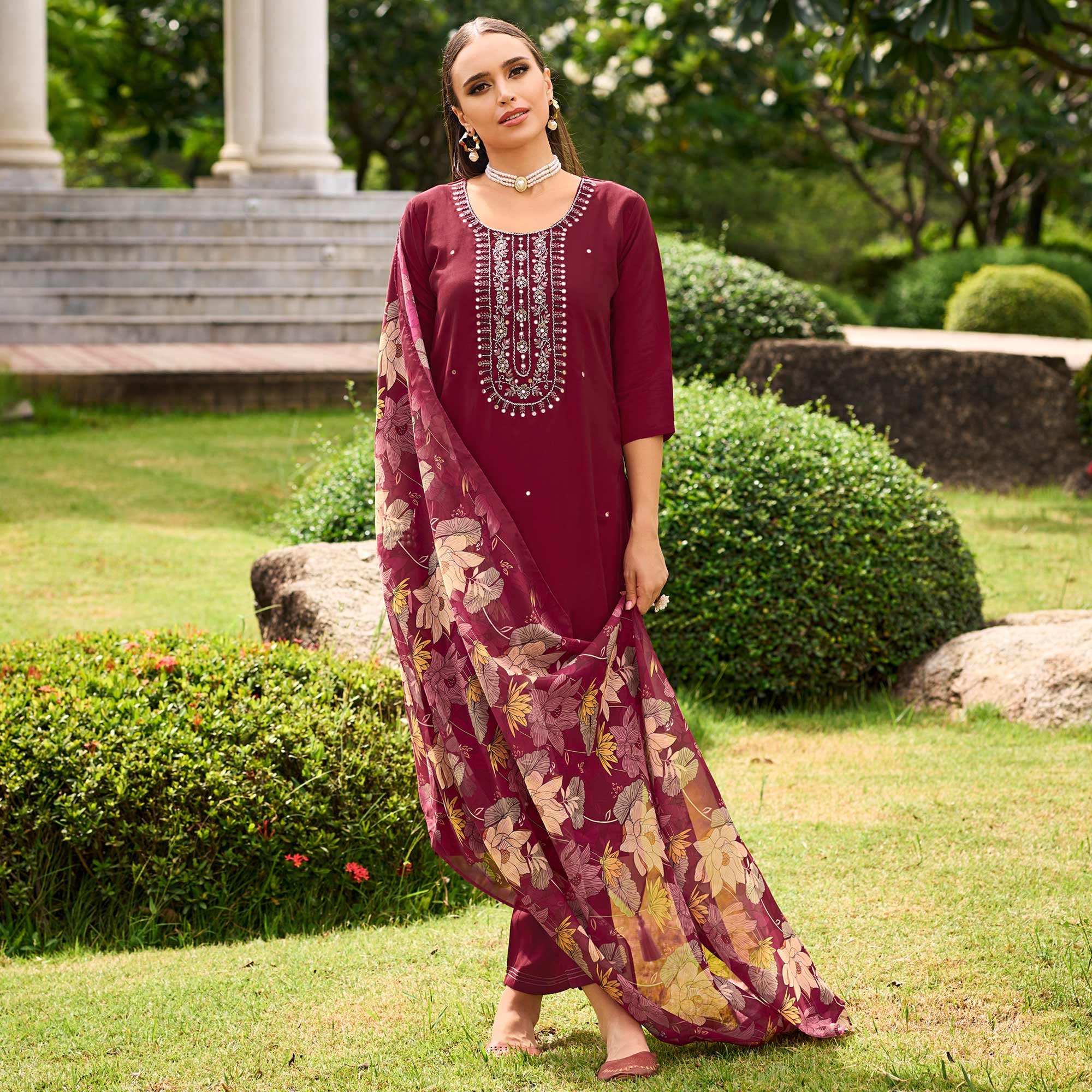 Peachmode Seller Maroon Floral Embroidered Chanderi Silk Suit - view 2