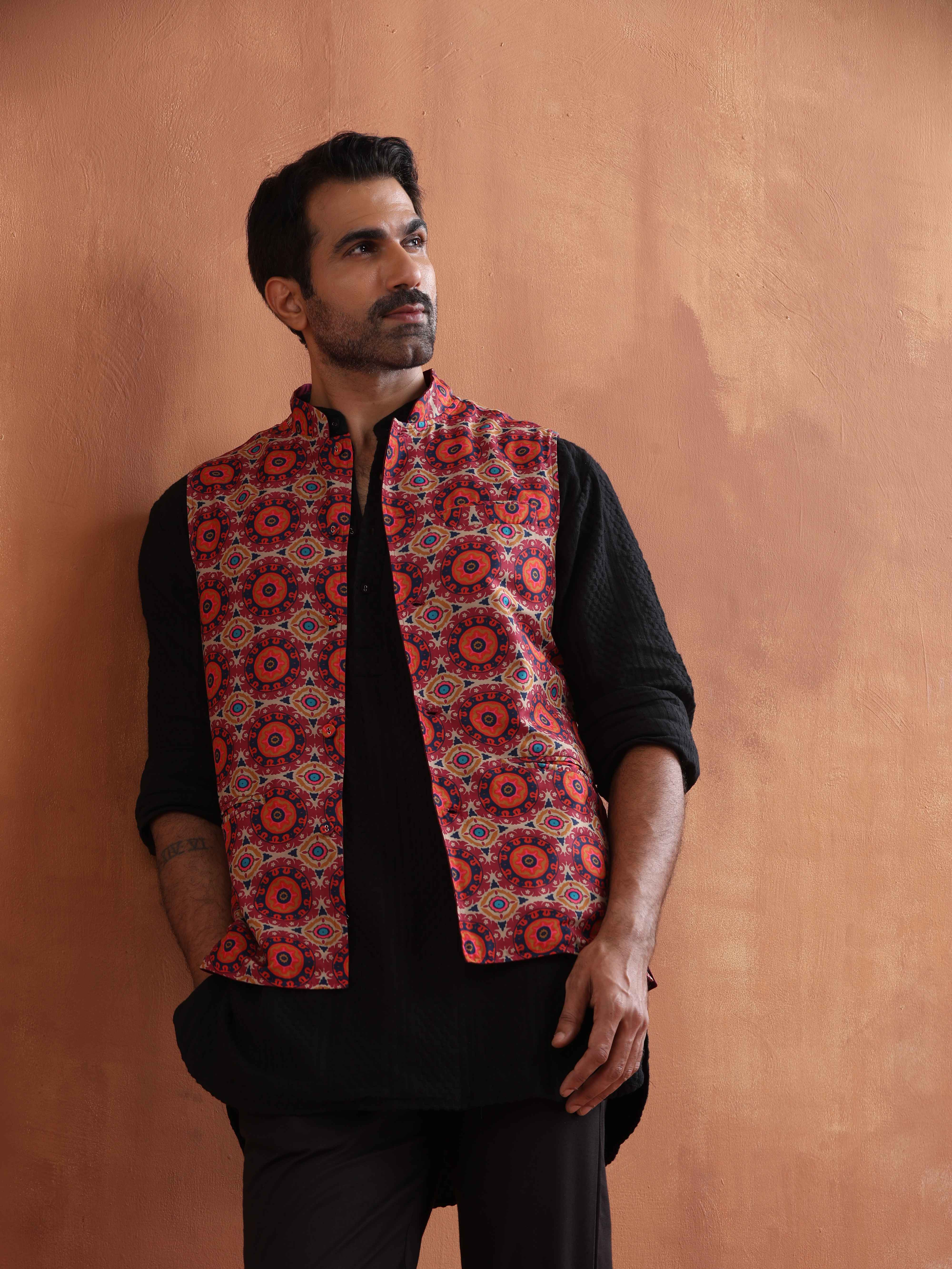 trueBrowns Men's Beige Printed Nehru Jacket - view 2