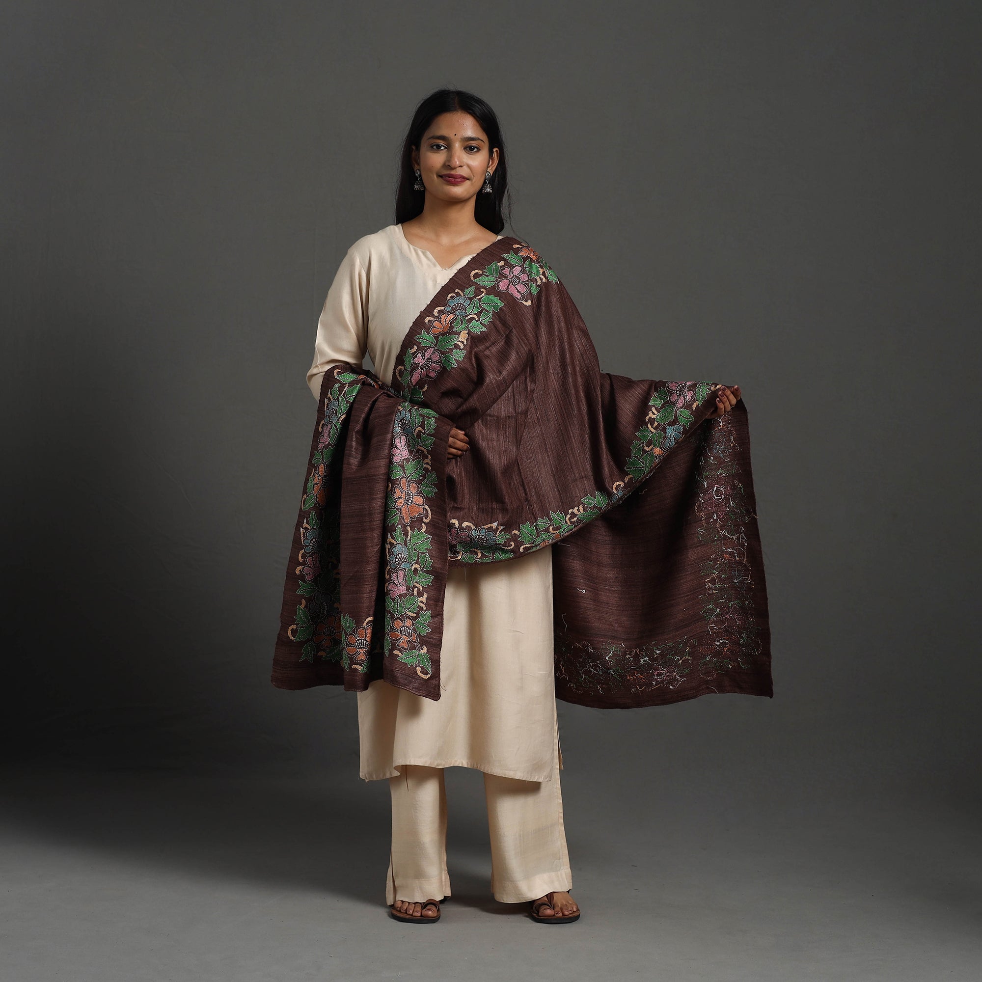 KHUSHBASH - HAPPY LOOM OF EAST Brown - Handloom Matka Silk Bengal Kantha Work Stole 22